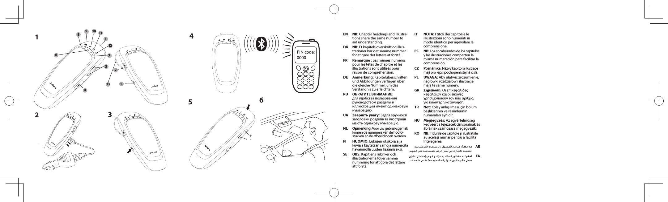 EN  NB: Chapter headings and illustra-tions share the same number to aid understanding.DK  NB: Et kapitels overskrift og illus-trationer har det samme nummer for at g&oslash;re det lettere at forst&aring;.FR  Remarque : Les m&ecirc;mes num&eacute;ros pour les t&ecirc;tes de chapitre et les  illustrations sont utilis&eacute;s pour raison de compr&eacute;hension.DE  Anmerkung: Kapitel&uuml;berschriften und Abbildungen verf&uuml;gen &uuml;ber die gleiche Nummer, um das Verst&auml;ndnis zu erleichtern.RU  ОБРАТИТЕ ВНИМАНИЕ: для удобства пользования руководством разделы и иллюстрации имеют одинаковую нумерацию.UA  Зверніть увагу: Задля зручності заголовки розділів та ілюстрації мають однакову нумерацію.NL  Opmerking: Voor uw gebruiksgemak komen de nummers van de hoofd-stukken en de afbeeldingen overeen.FI  HUOMIO: Lukujen otsikoissa ja  kuvissa k&auml;ytet&auml;&auml;n samoja numeroita havainnollisuuden lis&auml;&auml;miseksi.SE OBS: Kapitlens rubriker och illustrationerna f&ouml;ljer samma numrering f&ouml;r att g&ouml;ra det l&auml;ttare att f&ouml;rst&aring;.IT  NOTA: I titoli dei capitoli e le illustrazioni sono numerati in modo identico per agevolare la comprensione.ES  NB: Los encabezados de los cap&iacute;tulos y las ilustraciones comparten la misma numeraci&oacute;n para facilitar la comprensi&oacute;n.CZ  Pozn&aacute;mka: N&aacute;zvy kapitol a ilustrace maj&iacute; pro lep&scaron;&iacute; pochopen&iacute; stejn&aacute; č&iacute;sla.PL UWAGA: Aby ułatwić zrozumienie, nagł&oacute;wki rozdział&oacute;w i ilustracje mają te same numery.GR &Sigma;&eta;&epsilon;ί&omega;&sigma;&eta;: &Omicron;&iota; &epsilon;&pi;&iota;&kappa;&epsilon;&phi;&alpha;&lambda;ί&delta;&epsilon;&sigmaf; &kappa;&epsilon;&phi;&alpha;&lambda;&alpha;ί&omega;&nu; &kappa;&alpha;&iota; &omicron;&iota; &epsilon;&iota;&kappa;ό&nu;&epsilon;&sigmaf; &chi;&rho;&eta;&sigma;&iota;&mu;&omicron;&pi;&omicron;&iota;&omicron;ύ&nu; &tau;&omicron;&nu; ί&delta;&iota;&omicron; &alpha;&rho;&iota;&theta;&mu;ό,  &gamma;&iota;&alpha; &kappa;&alpha;&lambda;ύ&tau;&epsilon;&rho;&eta; &kappa;&alpha;&tau;&alpha;&nu;ό&eta;&sigma;&eta;.TR  Not: Kolay anlaşılması i&ccedil;in b&ouml;l&uuml;m başlıklarının ve resimlerinin numaraları aynıdır.HU Megjegyz&eacute;s: Az egy&eacute;rtelműs&eacute;g kedv&eacute;&eacute;rt a fejezetek c&iacute;msorainak &eacute;s &aacute;br&aacute;inak sz&aacute;moz&aacute;sa megegyezik.RO  NB: Titlurile de capitole şi ilustraţiile au acelaşi număr pentru a facilita &icirc;nţelegerea.FAAR56-+241624817103591112313PIN code:  0000