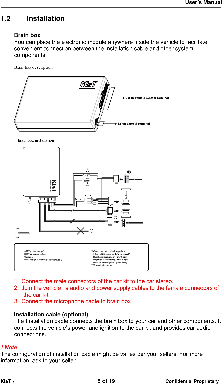  User&rsquo;s Manual   KlaT 7                                    5 of 19                      Confidential Proprietary  1.2 Installation Brain box You can place the electronic module anywhere inside the vehicle to facilitate convenient connection between the installation cable and other system components.  Brain Boxdescription24PIN Vehicle System Terminal16Pin Extenal Terminal  BrainboxinstallationCar Rad ioAmute in123MuteBCDEF  1.  Connect the male connectors of the car kit to the car stereo. 2.  Join the vehicles audio and power supply cables to the female connectors of the car kit 3.  Connect the microphone cable to brain box  Installation cable (optional) The Installation cable connects the brain box to your car and other components. It connects the vehicle&rsquo;s power and ignition to the car kit and provides car audio connections.  ! Note  The configuration of installation cable might be varies per your sellers. For more information, ask to your seller. 