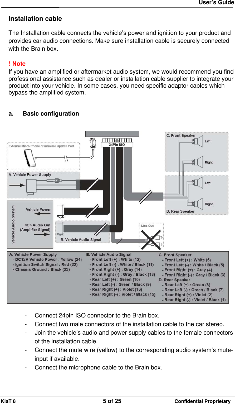  User&rsquo;s Guide KlaT 8                                    5 of 25                      Confidential Proprietary  Installation cable  The Installation cable connects the vehicle&rsquo;s power and ignition to your product and provides car audio connections. Make sure installation cable is securely connected with the Brain box.  ! Note If you have an amplified or aftermarket audio system, we would recommend you find professional assistance such as dealer or installation cable supplier to integrate your product into your vehicle. In some cases, you need specific adaptor cables which bypass the amplified system.   a. Basic configuration     -  Connect 24pin ISO connector to the Brain box. -  Connect two male connectors of the installation cable to the car stereo. -  Join the vehicle&rsquo;s audio and power supply cables to the female connectors of the installation cable. -  Connect the mute wire (yellow) to the corresponding audio system&rsquo;s mute-input if available. -  Connect the microphone cable to the Brain box.  