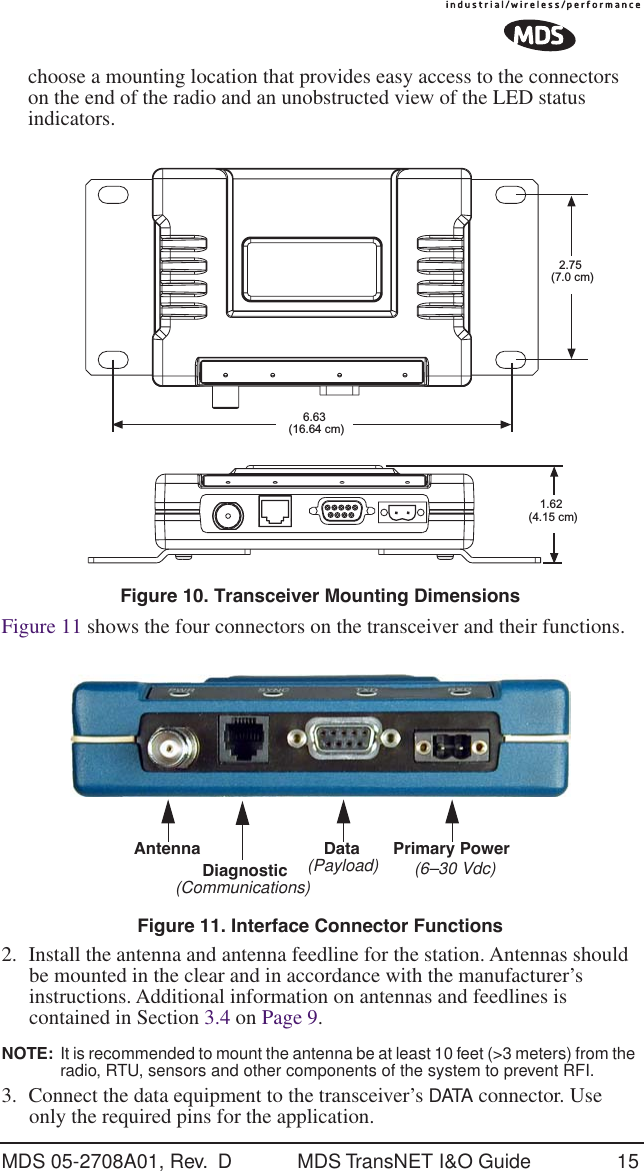 MDS 05-2708A01, Rev.  D MDS TransNET I&amp;O Guide 15choose a mounting location that provides easy access to the connectors on the end of the radio and an unobstructed view of the LED status indicators.Invisible place holderFigure 10. Transceiver Mounting DimensionsFigure 11 shows the four connectors on the transceiver and their functions.Invisible place holderFigure 11. Interface Connector Functions2. Install the antenna and antenna feedline for the station. Antennas should be mounted in the clear and in accordance with the manufacturer&rsquo;s instructions. Additional information on antennas and feedlines is contained in Section 3.4 on Page 9.NOTE:  It is recommended to mount the antenna be at least 10 feet (>3 meters) from the radio, RTU, sensors and other components of the system to prevent RFI.3. Connect the data equipment to the transceiver&rsquo;s DATA connector. Use only the required pins for the application. 6.63(16.64 cm)2.75(7.0 cm)1.62(4.15 cm)Antenna Primary PowerData (6&ndash;30 Vdc)Diagnostic(Communications)(Payload)