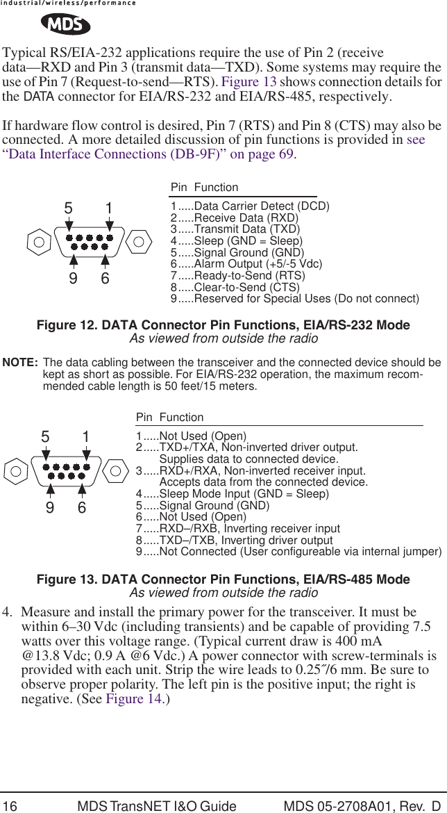 16 MDS TransNET I&amp;O Guide  MDS 05-2708A01, Rev.  D Typical RS/EIA-232 applications require the use of Pin 2 (receive data&mdash;RXD and Pin 3 (transmit data&mdash;TXD). Some systems may require the use of Pin 7 (Request-to-send&mdash;RTS). Figure 13 shows connection details for the DATA connector for EIA/RS-232 and EIA/RS-485, respectively.If hardware flow control is desired, Pin 7 (RTS) and Pin 8 (CTS) may also be connected. A more detailed discussion of pin functions is provided in see &ldquo;Data Interface Connections (DB-9F)&rdquo; on page 69.Invisible place holderFigure 12. DATA Connector Pin Functions, EIA/RS-232 ModeAs viewed from outside the radioNOTE:  The data cabling between the transceiver and the connected device should be kept as short as possible. For EIA/RS-232 operation, the maximum recom-mended cable length is 50 feet/15 meters.Invisible place holderFigure 13. DATA Connector Pin Functions, EIA/RS-485 ModeAs viewed from outside the radio4. Measure and install the primary power for the transceiver. It must be within 6&ndash;30 Vdc (including transients) and be capable of providing 7.5 watts over this voltage range. (Typical current draw is 400 mA @13.8 Vdc; 0.9 A @6 Vdc.) A power connector with screw-terminals is provided with each unit. Strip the wire leads to 0.25˝/6 mm. Be sure to observe proper polarity. The left pin is the positive input; the right is negative. (See Figure 14.)5961Pin Function1.....Data Carrier Detect (DCD)2.....Receive Data (RXD)3.....Transmit Data (TXD)4.....Sleep (GND = Sleep)5.....Signal Ground (GND)6.....Alarm Output (+5/-5 Vdc)7.....Ready-to-Send (RTS)8.....Clear-to-Send (CTS)9.....Reserved for Special Uses (Do not connect)Pin Function1.....Not Used (Open)2.....TXD+/TXA, Non-inverted driver output.Supplies data to connected device.3.....RXD+/RXA, Non-inverted receiver input.Accepts data from the connected device.4.....Sleep Mode Input (GND = Sleep)5.....Signal Ground (GND)6.....Not Used (Open)7.....RXD&ndash;/RXB, Inverting receiver input8.....TXD&ndash;/TXB, Inverting driver output9.....Not Connected (User configureable via internal jumper)5961