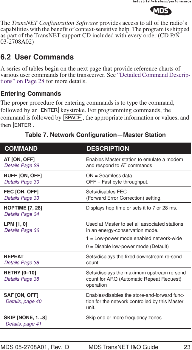MDS 05-2708A01, Rev.  D MDS TransNET I&amp;O Guide 23The TransNET Configuration Software provides access to all of the radio&rsquo;s capabilities with the benefit of context-sensitive help. The program is shipped as part of the TransNET support CD included with every order (CD P/N 03-2708A02)6.2 User CommandsA series of tables begin on the next page that provide reference charts of various user commands for the transceiver. See &ldquo;Detailed Command Descrip-tions&rdquo; on Page 28 for more details.Entering CommandsThe proper procedure for entering commands is to type the command, followed by an   keystroke. For programming commands, the command is followed by  , the appropriate information or values, and then .  Table 7. Network Configuration&mdash;Master Station  COMMAND  DESCRIPTION AT [ON, OFF] Details Page 29 Enables Master station to emulate a modem and respond to AT commandsBUFF [ON, OFF] Details Page 30 ON = Seamless dataOFF = Fast byte throughput.FEC [ON, OFF] Details Page 33 Sets/disables FEC (Forward Error Correction) setting.HOPTIME [7, 28]Details Page 34 Displays hop-time or sets it to 7 or 28 ms.LPM [1, 0]Details Page 36 Used at Master to set all associated stations in an energy-conservation mode.1 = Low-power mode enabled network-wide0 = Disable low-power mode (Default)REPEATDetails Page 38 Sets/displays the ﬁxed downstream re-send count.RETRY [0&ndash;10]Details Page 38 Sets/displays the maximum upstream re-send count for ARQ (Automatic Repeat Request) operationSAF [ON, OFF] Details, page 40 Enables/disables the store-and-forward func-tion for the network controlled by this Master unit.SKIP [NONE, 1...8] Details, page 41 Skip one or more frequency zonesENTERSPACEENTER