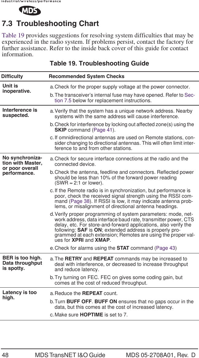 48 MDS TransNET I&amp;O Guide  MDS 05-2708A01, Rev.  D 7.3 Troubleshooting ChartTable 19 provides suggestions for resolving system difficulties that may be experienced in the radio system. If problems persist, contact the factory for further assistance. Refer to the inside back cover of this guide for contact information.Table 19. Troubleshooting Guide  Difficulty Recommended System ChecksUnit isinoperative. a.Check for the proper supply voltage at the power connector.b.The transceiver&rsquo;s internal fuse may have opened. Refer to Sec-tion 7.5 below for replacement instructions.Interference is suspected. a.Verify that the system has a unique network address. Nearby systems with the same address will cause interference.b.Check for interference by locking out affected zone(s) using the SKIP command (Page 41).c.If omnidirectional antennas are used on Remote stations, con-sider changing to directional antennas. This will often limit inter-ference to and from other stations.No synchroniza-tion with Master, or poor overall performance.a.Check for secure interface connections at the radio and the connected device.b.Check the antenna, feedline and connectors. Reflected power should be less than 10% of the forward power reading (SWR &asymp; 2:1 or lower).c.If the Remote radio is in synchronization, but performance is poor, check the received signal strength using the RSSI com-mand (Page 38). If RSSI is low, it may indicate antenna prob-lems, or misalignment of directional antenna headings.d.Verify proper programming of system parameters: mode, net-work address, data interface baud rate, transmitter power, CTS delay, etc. For store-and-forward applications, also verify the following: SAF is ON; extended address is properly pro-grammed at each extension; Remotes are using the proper val-ues for XPRI and XMAP.e.Check for alarms using the STAT command (Page 43)BER is too high. Data throughput is spotty.a.The RETRY and REPEAT commands may be increased to deal with interference, or decreased to increase throughput and reduce latency. b.Try turning on FEC. FEC on gives some coding gain, but comes at the cost of reduced throughput.Latency is too high. a.Reduce the REPEAT count.b.Turn BUFF OFF. BUFF ON ensures that no gaps occur in the data, but this comes at the cost of increased latency.c.Make sure HOPTIME is set to 7.