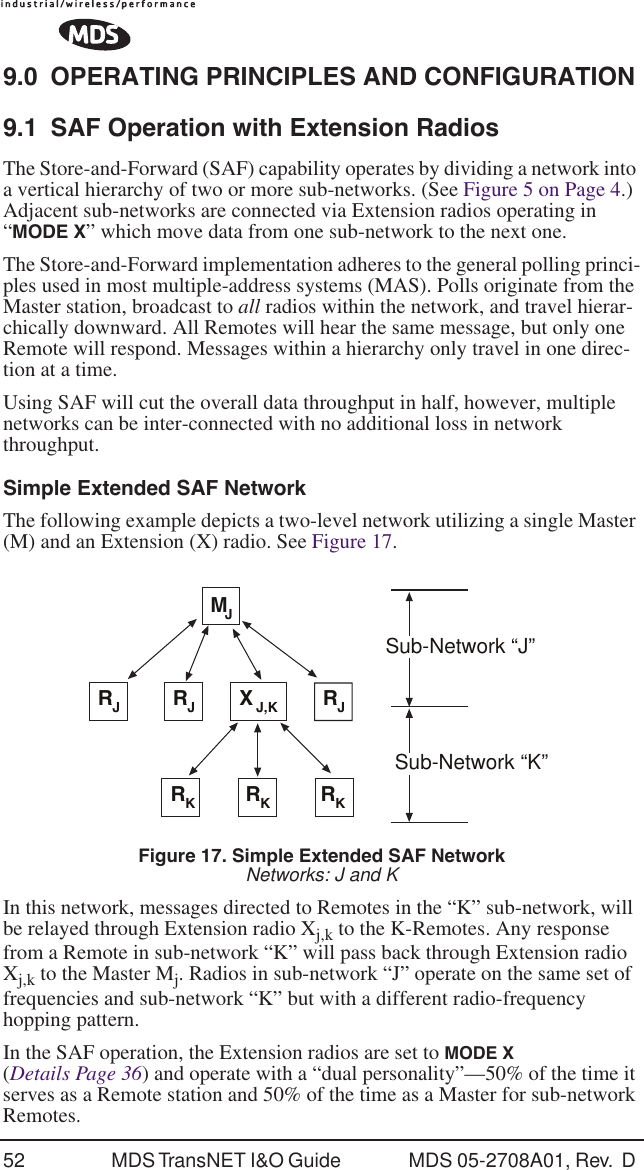 52 MDS TransNET I&amp;O Guide  MDS 05-2708A01, Rev.  D 9.0 OPERATING PRINCIPLES AND CONFIGURATION9.1 SAF Operation with Extension RadiosThe Store-and-Forward (SAF) capability operates by dividing a network into a vertical hierarchy of two or more sub-networks. (See Figure 5 on Page 4.) Adjacent sub-networks are connected via Extension radios operating in &ldquo;MODE X&rdquo; which move data from one sub-network to the next one.The Store-and-Forward implementation adheres to the general polling princi-ples used in most multiple-address systems (MAS). Polls originate from the Master station, broadcast to all radios within the network, and travel hierar-chically downward. All Remotes will hear the same message, but only one Remote will respond. Messages within a hierarchy only travel in one direc-tion at a time.Using SAF will cut the overall data throughput in half, however, multiple networks can be inter-connected with no additional loss in network throughput.Simple Extended SAF NetworkThe following example depicts a two-level network utilizing a single Master (M) and an Extension (X) radio. See Figure 17.Invisible place holderFigure 17. Simple Extended SAF NetworkNetworks: J and KIn this network, messages directed to Remotes in the &ldquo;K&rdquo; sub-network, will be relayed through Extension radio Xj,k to the K-Remotes. Any response from a Remote in sub-network &ldquo;K&rdquo; will pass back through Extension radio Xj,k to the Master Mj. Radios in sub-network &ldquo;J&rdquo; operate on the same set of frequencies and sub-network &ldquo;K&rdquo; but with a different radio-frequency hopping pattern.In the SAF operation, the Extension radios are set to MODE X (Details Page 36) and operate with a &ldquo;dual personality&rdquo;&mdash;50% of the time it serves as a Remote station and 50% of the time as a Master for sub-network Remotes.MJRJRJXJ,KRJRKRRKKSub-Network &ldquo;J&rdquo;Sub-Network &ldquo;K&rdquo;