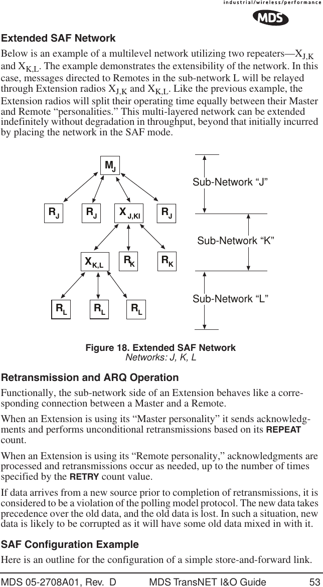 MDS 05-2708A01, Rev.  D MDS TransNET I&amp;O Guide 53Extended SAF NetworkBelow is an example of a multilevel network utilizing two repeaters&mdash;XJ,K and XK,L. The example demonstrates the extensibility of the network. In this case, messages directed to Remotes in the sub-network L will be relayed through Extension radios XJ,K and XK,L. Like the previous example, the Extension radios will split their operating time equally between their Master and Remote &ldquo;personalities.&rdquo; This multi-layered network can be extended indefinitely without degradation in throughput, beyond that initially incurred by placing the network in the SAF mode.Invisible place holderFigure 18. Extended SAF NetworkNetworks: J, K, LRetransmission and ARQ OperationFunctionally, the sub-network side of an Extension behaves like a corre-sponding connection between a Master and a Remote. When an Extension is using its &ldquo;Master personality&rdquo; it sends acknowledg-ments and performs unconditional retransmissions based on its REPEAT count. When an Extension is using its &ldquo;Remote personality,&rdquo; acknowledgments are processed and retransmissions occur as needed, up to the number of times specified by the RETRY count value.If data arrives from a new source prior to completion of retransmissions, it is considered to be a violation of the polling model protocol. The new data takes precedence over the old data, and the old data is lost. In such a situation, new data is likely to be corrupted as it will have some old data mixed in with it.SAF Configuration ExampleHere is an outline for the configuration of a simple store-and-forward link.XK,LRLRLMJRJRJXJ,KIRJRKRKRLSub-Network &ldquo;J&rdquo;Sub-Network &ldquo;K&rdquo;Sub-Network &ldquo;L&rdquo;