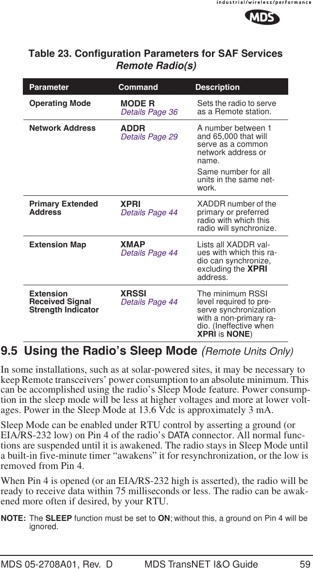 MDS 05-2708A01, Rev.  D MDS TransNET I&amp;O Guide 599.5 Using the Radio&rsquo;s Sleep Mode (Remote Units Only)In some installations, such as at solar-powered sites, it may be necessary to keep Remote transceivers&rsquo; power consumption to an absolute minimum. This can be accomplished using the radio&rsquo;s Sleep Mode feature. Power consump-tion in the sleep mode will be less at higher voltages and more at lower volt-ages. Power in the Sleep Mode at 13.6 Vdc is approximately 3 mA.Sleep Mode can be enabled under RTU control by asserting a ground (or EIA/RS-232 low) on Pin 4 of the radio&rsquo;s DATA connector. All normal func-tions are suspended until it is awakened. The radio stays in Sleep Mode until a built-in five-minute timer &ldquo;awakens&rdquo; it for resynchronization, or the low is removed from Pin 4. When Pin 4 is opened (or an EIA/RS-232 high is asserted), the radio will be ready to receive data within 75 milliseconds or less. The radio can be awak-ened more often if desired, by your RTU. NOTE:  The SLEEP function must be set to ON; without this, a ground on Pin 4 will be ignored.Table 23. Configuration Parameters for SAF ServicesRemote Radio(s)Parameter Command DescriptionOperating Mode MODE RDetails Page 36 Sets the radio to serve as a Remote station.Network Address ADDRDetails Page 29 A number between 1 and 65,000 that will serve as a common network address or name.Same number for all units in the same net-work.Primary Extended Address XPRI Details Page 44 XADDR number of the primary or preferred radio with which this radio will synchronize.Extension Map XMAPDetails Page 44 Lists all XADDR val-ues with which this ra-dio can synchronize, excluding the XPRI address.Extension Received Signal Strength IndicatorXRSSIDetails Page 44 The minimum RSSI level required to pre-serve synchronization with a non-primary ra-dio. (Ineffective when XPRI is NONE)