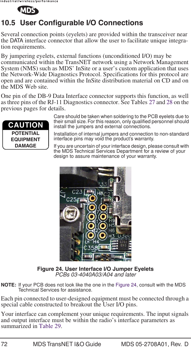 72 MDS TransNET I&amp;O Guide  MDS 05-2708A01, Rev.  D 10.5 User Configurable I/O ConnectionsSeveral connection points (eyelets) are provided within the transceiver near the DATA interface connector that allow the user to facilitate unique integra-tion requirements. By jumpering eyelets, external functions (unconditioned I/O) may be communicated within the TransNET network using a Network Management System (NMS) such as MDS&rsquo; InSite or a user&rsquo;s custom application that uses the Network-Wide Diagnostics Protocol. Specifications for this protocol are open and are contained within the InSite distribution material on CD and on the MDS Web site.One pin of the DB-9 Data Interface connector supports this function, as well as three pins of the RJ-11 Diagnostics connector. See Tables 27 and 28 on the previous pages for details.Care should be taken when soldering to the PCB eyelets due to their small size. For this reason, only qualiﬁed personnel should install the jumpers and external connections.Installation of internal jumpers and connection to non-standard interface pins may void the product&rsquo;s warranty. If you are uncertain of your interface design, please consult with the MDS Technical Services Department for a review of your design to assure maintenance of your warranty. Invisible place holderFigure 24. User Interface I/O Jumper EyeletsPCBs 03-4040A03/A04 and laterNOTE:  If your PCB does not look like the one in the Figure 24, consult with the MDS Technical Services for assistance.Each pin connected to user-designed equipment must be connected through a special cable constructed to breakout the User I/O pins.Your interface can complement your unique requirements. The input signals and output interface must be within the radio&rsquo;s interface parameters as summarized in Table 29. CAUTIONPOTENTIAL EQUIPMENT DAMAGE