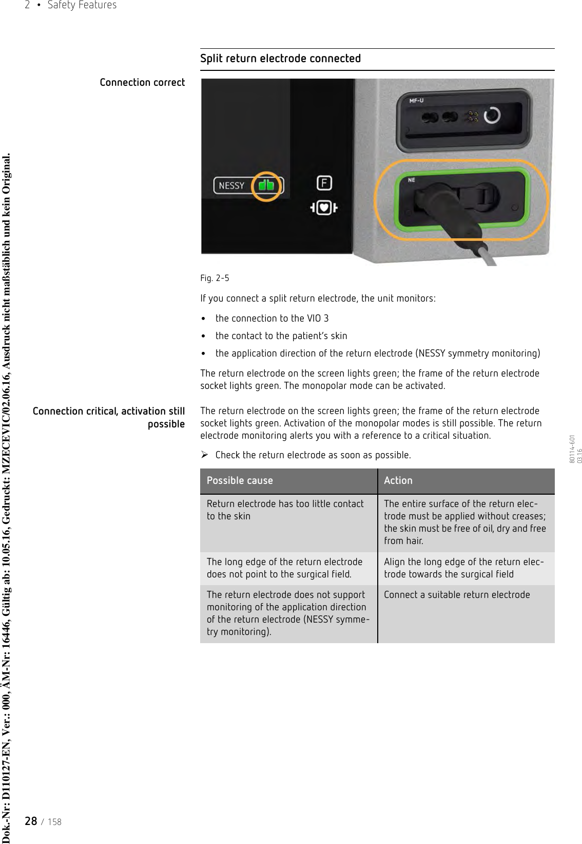 2  • Safety Features28 / 15880114-601  03.16Split return electrode connectedConnection correctFig. 2-5If you connect a split return electrode, the unit monitors:•the connection to the VIO 3•the contact to the patient’s skin•the application direction of the return electrode (NESSY symmetry monitoring)The return electrode on the screen lights green; the frame of the return electrode socket lights green. The monopolar mode can be activated.Connection critical, activation still possibleThe return electrode on the screen lights green; the frame of the return electrode socket lights green. Activation of the monopolar modes is still possible. The return electrode monitoring alerts you with a reference to a critical situation.Check the return electrode as soon as possible.Possible cause ActionReturn electrode has too little contact to the skinThe entire surface of the return elec-trode must be applied without creases; the skin must be free of oil, dry and free from hair.The long edge of the return electrode does not point to the surgical field.Align the long edge of the return elec-trode towards the surgical fieldThe return electrode does not support monitoring of the application direction of the return electrode (NESSY symme-try monitoring).Connect a suitable return electrodeDok.-Nr: D110127-EN, Ver.: 000, ÄM-Nr: 16446, Gültig ab: 10.05.16, Gedruckt: MZECEVIC/02.06.16, Ausdruck nicht maßstäblich und kein Original.Dok.-Nr: D110127-EN, Ver.: 000, ÄM-Nr: 16446, Gültig ab: 10.05.16, Gedruckt: MZECEVIC/02.06.16, Ausdruck nicht maßstäblich und kein Original.