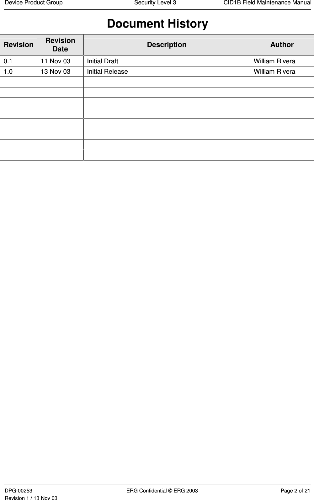 Device Product Group Security Level 3 CID1B Field Maintenance ManualDPG-00253 ERG Confidential © ERG 2003 Page 2 of 21Revision 1 / 13 Nov 03Document HistoryRevision RevisionDate Description Author0.1 11 Nov 03 Initial Draft William Rivera1.0 13 Nov 03 Initial Release William Rivera