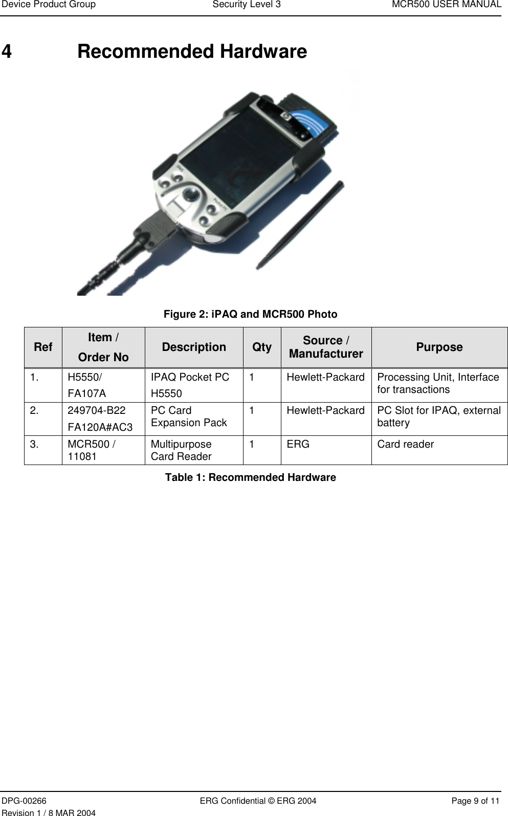 Device Product Group Security Level 3 MCR500 USER MANUALDPG-00266 ERG Confidential © ERG 2004 Page 9 of 11Revision 1 / 8 MAR 20044 Recommended HardwareFigure 2: iPAQ and MCR500 PhotoRef Item /Order No Description Qty Source /Manufacturer Purpose1. H5550/FA107AIPAQ Pocket PCH55501 Hewlett-Packard Processing Unit, Interfacefor transactions2. 249704-B22FA120A#AC3PC CardExpansion Pack 1 Hewlett-Packard PC Slot for IPAQ, externalbattery3.  MCR500 /11081 MultipurposeCard Reader 1 ERG Card readerTable 1: Recommended Hardware