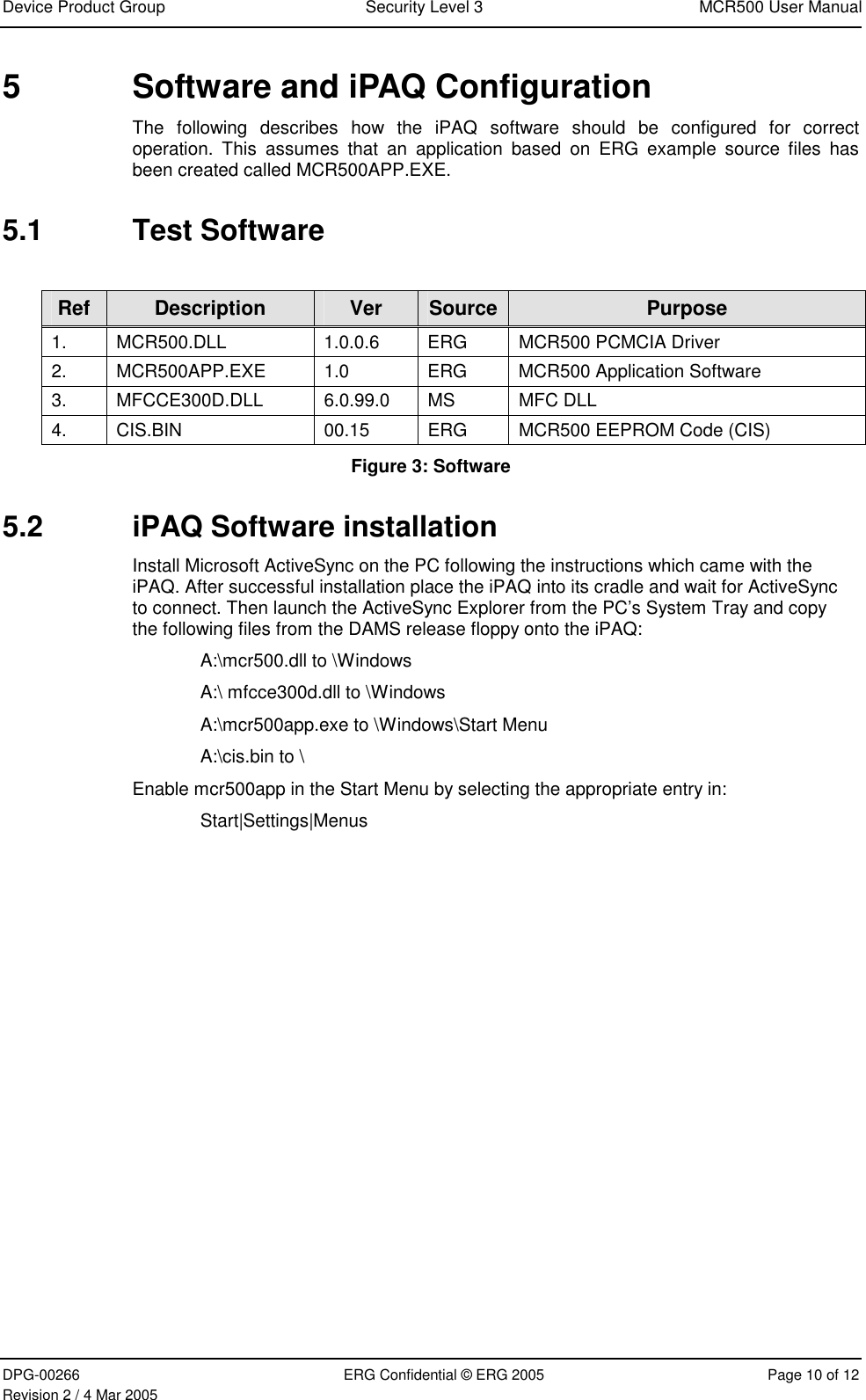 Device Product Group  Security Level 3  MCR500 User Manual  DPG-00266  ERG Confidential © ERG 2005  Page 10 of 12 Revision 2 / 4 Mar 2005 5  Software and iPAQ Configuration The following describes how the iPAQ software should be configured for correct operation. This assumes that an application based on ERG example source files has been created called MCR500APP.EXE. 5.1 Test Software  Ref  Description  Ver  Source Purpose 1.    MCR500.DLL  1.0.0.6  ERG  MCR500 PCMCIA Driver 2.    MCR500APP.EXE  1.0  ERG  MCR500 Application Software 3.   MFCCE300D.DLL  6.0.99.0  MS  MFC DLL 4.    CIS.BIN  00.15  ERG  MCR500 EEPROM Code (CIS) Figure 3: Software 5.2  iPAQ Software installation Install Microsoft ActiveSync on the PC following the instructions which came with the iPAQ. After successful installation place the iPAQ into its cradle and wait for ActiveSync to connect. Then launch the ActiveSync Explorer from the PC’s System Tray and copy the following files from the DAMS release floppy onto the iPAQ: A:\mcr500.dll to \Windows A:\ mfcce300d.dll to \Windows A:\mcr500app.exe to \Windows\Start Menu A:\cis.bin to \ Enable mcr500app in the Start Menu by selecting the appropriate entry in: Start|Settings|Menus 