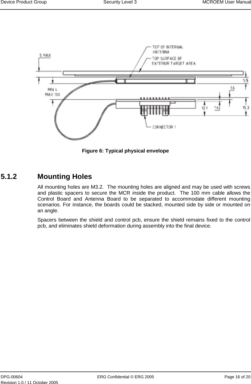 Device Product Group  Security Level 3  MCROEM User Manual DPG-00604  ERG Confidential © ERG 2005  Page 16 of 20 Revision 1.0 / 11 October 2005     Figure 6: Typical physical envelope  5.1.2 Mounting Holes All mounting holes are M3.2.  The mounting holes are aligned and may be used with screws and plastic spacers to secure the MCR inside the product.  The 100 mm cable allows the Control Board and Antenna Board to be separated to accommodate different mounting scenarios. For instance, the boards could be stacked, mounted side by side or mounted on an angle.  Spacers between the shield and control pcb, ensure the shield remains fixed to the control pcb, and eliminates shield deformation during assembly into the final device. 