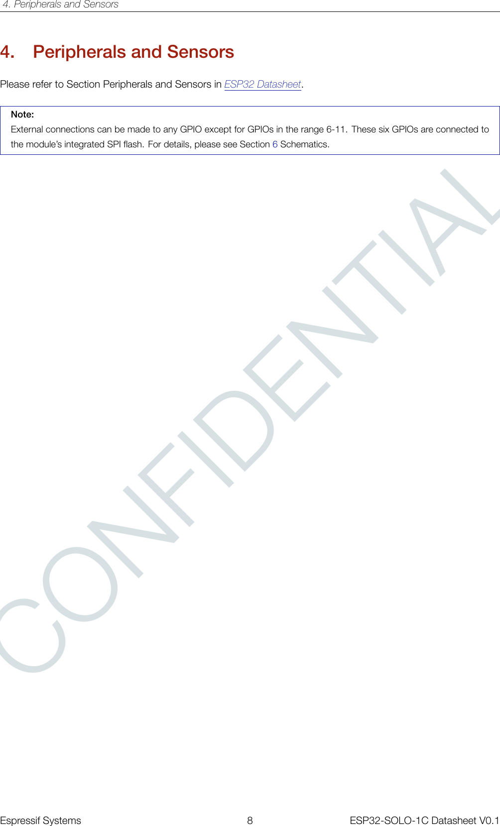 CONFIDENTIAL4. Peripherals and Sensors4. Peripherals and SensorsPlease refer to Section Peripherals and Sensors in ESP32 Datasheet.Note:External connections can be made to any GPIO except for GPIOs in the range 6-11. These six GPIOs are connected tothe module’s integrated SPI flash. For details, please see Section 6Schematics.Espressif Systems 8 ESP32-SOLO-1C Datasheet V0.1