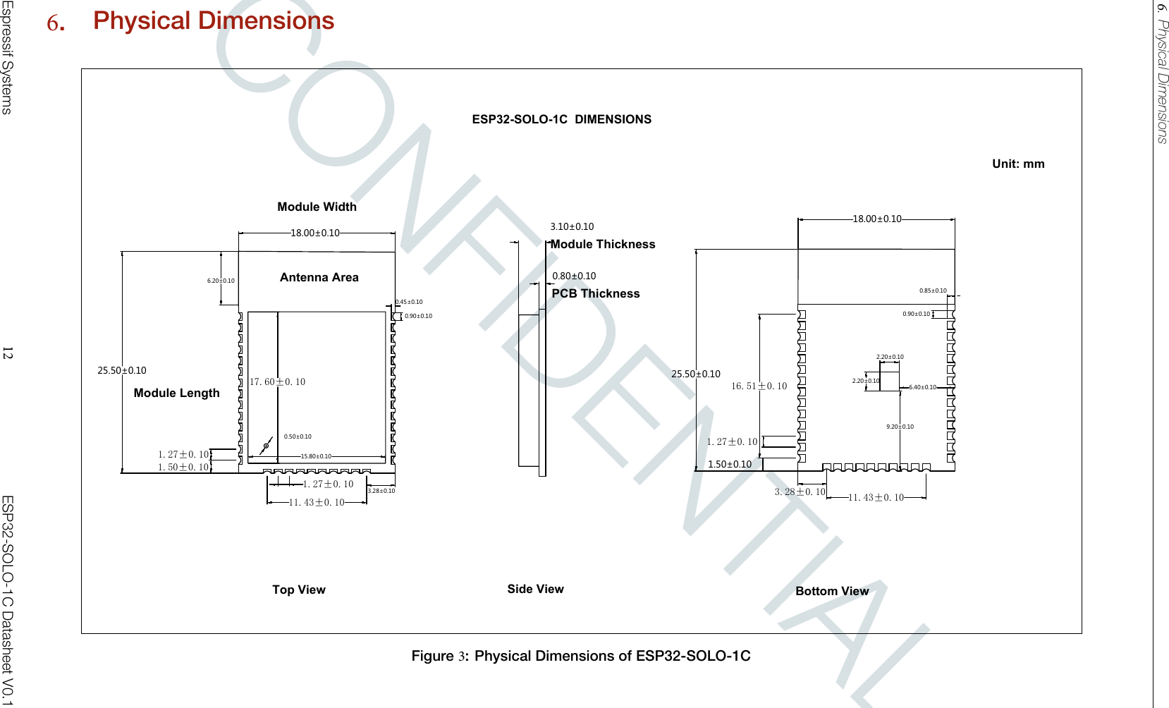 CONFIDENTIAL6.Physical Dimensions6.Physical DimensionsPCB ThicknessModule Thickness3.10±0.100.80±0.101.27±0.101.50±0.1017.60±0.10Module WidthModule Length1.27±0.1011.43±0.1025.50±0.1018.00±0.10Unit: mm16.51±0.1011.43±0.103.28±0.101.27±0.1025.50±0.10ESP32-SOLO-1C  DIMENSIONSTop View Side View Bottom ViewAntenna Area0.90±0.100.85±0.106.20±0.1015.80±0.101.50±0.100.45±0.100.90±0.1018.00±0.103.28±0.10∅0.50±0.106.40±0.109.20±0.102.20±0.102.20±0.10Figure 3: Physical Dimensions of ESP32-SOLO-1CEspressif Systems 12 ESP32-SOLO-1C Datasheet V0.1