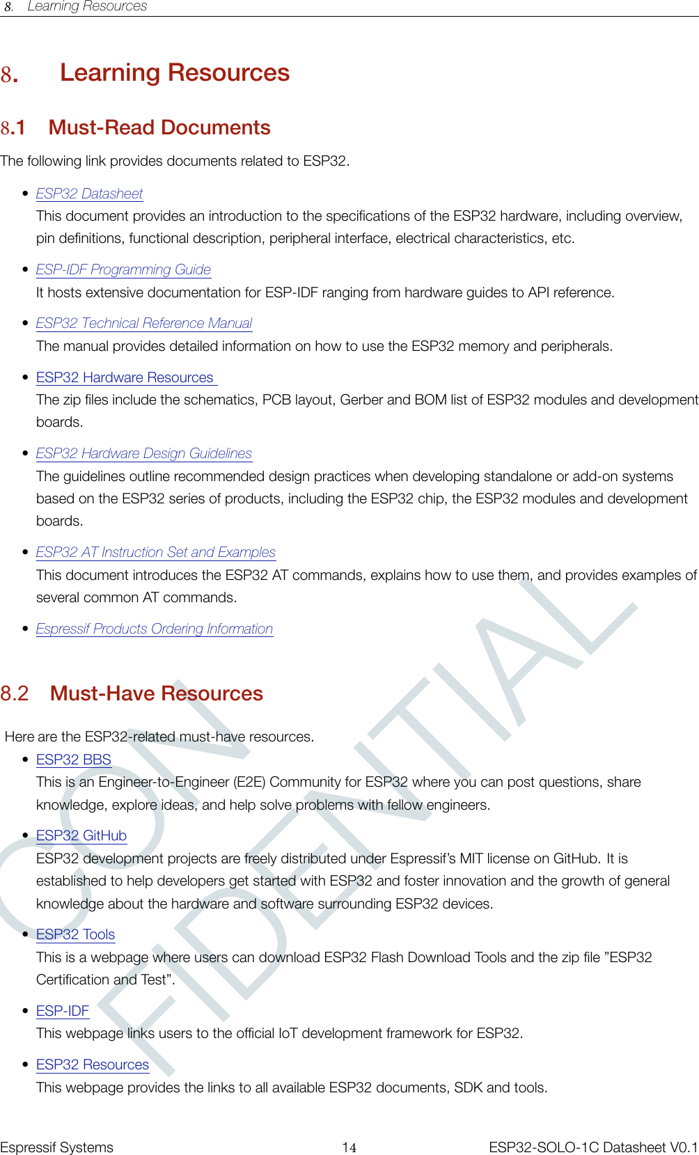 CONFIDENTIAL8.Learning Resources8.Learning Resources8.1 Must-Read DocumentsThe following link provides documents related to ESP32.•ESP32 DatasheetThis document provides an introduction to the specifications of the ESP32 hardware, including overview,pin definitions, functional description, peripheral interface, electrical characteristics, etc.•ESP-IDF Programming GuideIt hosts extensive documentation for ESP-IDF ranging from hardware guides to API reference.•ESP32 Technical Reference ManualThe manual provides detailed information on how to use the ESP32 memory and peripherals.•ESP32 Hardware ResourcesThe zip files include the schematics, PCB layout, Gerber and BOM list of ESP32 modules and developmentboards.•ESP32 Hardware Design GuidelinesThe guidelines outline recommended design practices when developing standalone or add-on systemsbased on the ESP32 series of products, including the ESP32 chip, the ESP32 modules and developmentboards.•ESP32 AT Instruction Set and ExamplesThis document introduces the ESP32 AT commands, explains how to use them, and provides examples ofseveral common AT commands.•Espressif Products Ordering Information8.2 Must-Have ResourcesHere are the ESP32-related must-have resources.•ESP32 BBSThis is an Engineer-to-Engineer (E2E) Community for ESP32 where you can post questions, shareknowledge, explore ideas, and help solve problems with fellow engineers.•ESP32 GitHubESP32 development projects are freely distributed under Espressif’s MIT license on GitHub. It isestablished to help developers get started with ESP32 and foster innovation and the growth of generalknowledge about the hardware and software surrounding ESP32 devices.•ESP32 ToolsThis is a webpage where users can download ESP32 Flash Download Tools and the zip file ”ESP32Certification and Test”.•ESP-IDFThis webpage links users to the official IoT development framework for ESP32.•ESP32 ResourcesThis webpage provides the links to all available ESP32 documents, SDK and tools. �����������Espressif Systems 14ESP32-SOLO-1C Datasheet V0.1