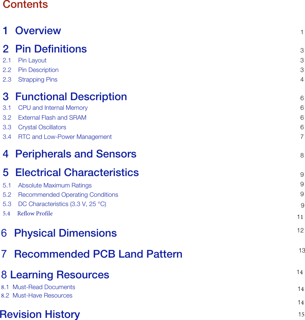 Contents1 Overview 12 Pin Definitions 32.1 Pin Layout 32.2 Pin Description 32.3 Strapping Pins 43 Functional Description 63.1 CPU and Internal Memory 63.2 External Flash and SRAM 63.3 Crystal Oscillators 63.4 RTC and Low-Power Management 74 Peripherals and Sensors 89999115 Electrical Characteristics 5.1 Absolute Maximum Ratings5.2 Recommended Operating Conditions5.3 DC Characteristics (3.3 V, 25 °C)5.4     Reflow Profile12136 Physical Dimensions147 Recommended PCB Land Pattern1414158 Learning Resources 8.1 Must-Read Documents8.2 Must-Have ResourcesRevision History