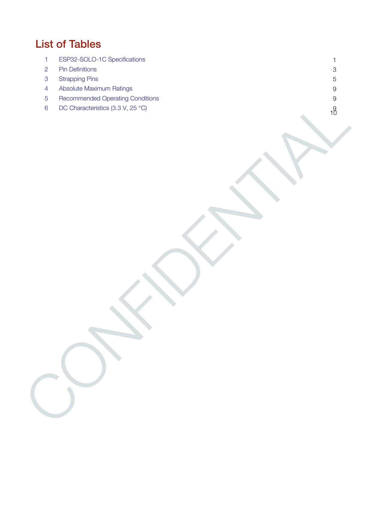 CONFIDENTIALList of Tables135999101 ESP32-SOLO-1C Specifications2 Pin Definitions3 Strapping Pins4 Absolute Maximum Ratings5 Recommended Operating Conditions 6 DC Characteristics (3.3 V, 25 °C)