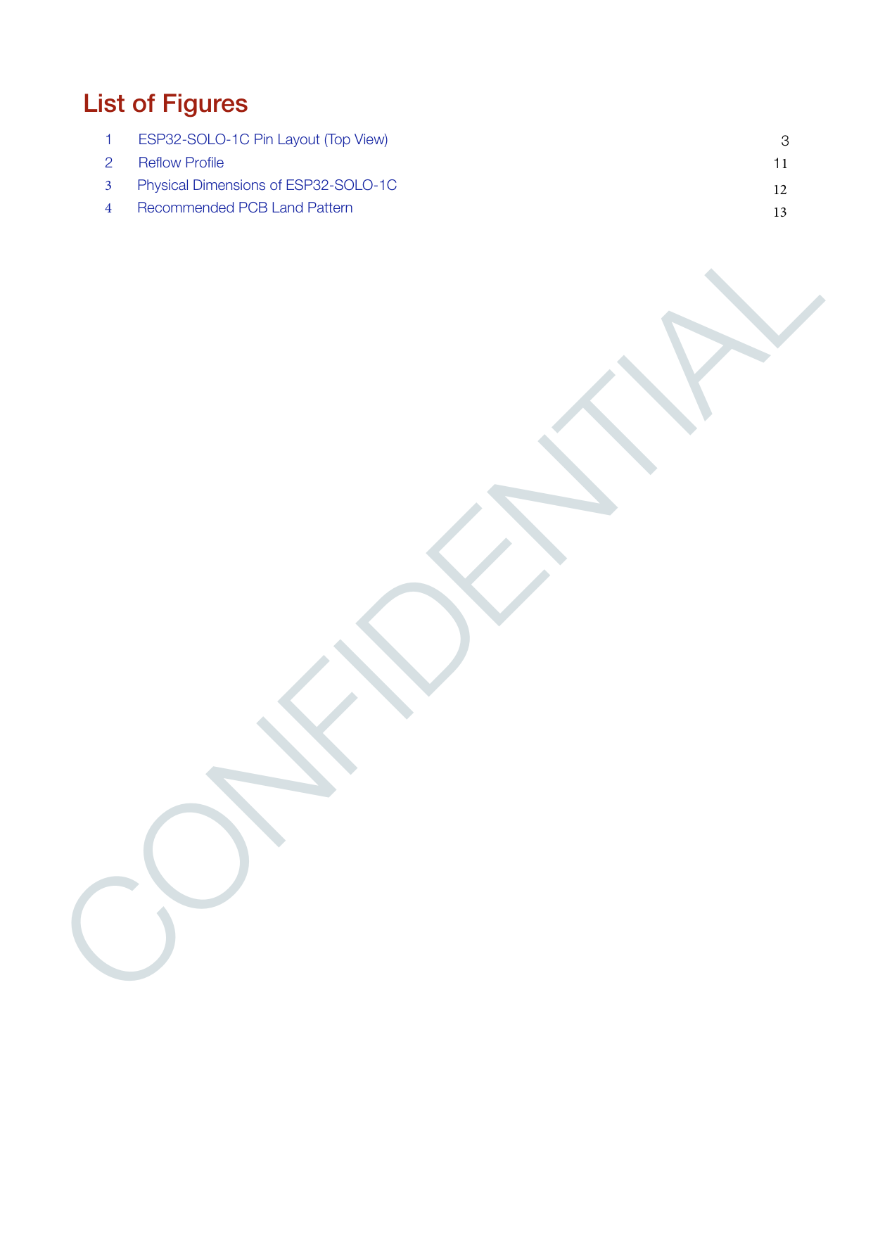 CONFIDENTIALList of Figures311121 ESP32-SOLO-1C Pin Layout (Top View) 2 Reflow Profile3 Physical Dimensions of ESP32-SOLO-1C 4 Recommended PCB Land Pattern 13