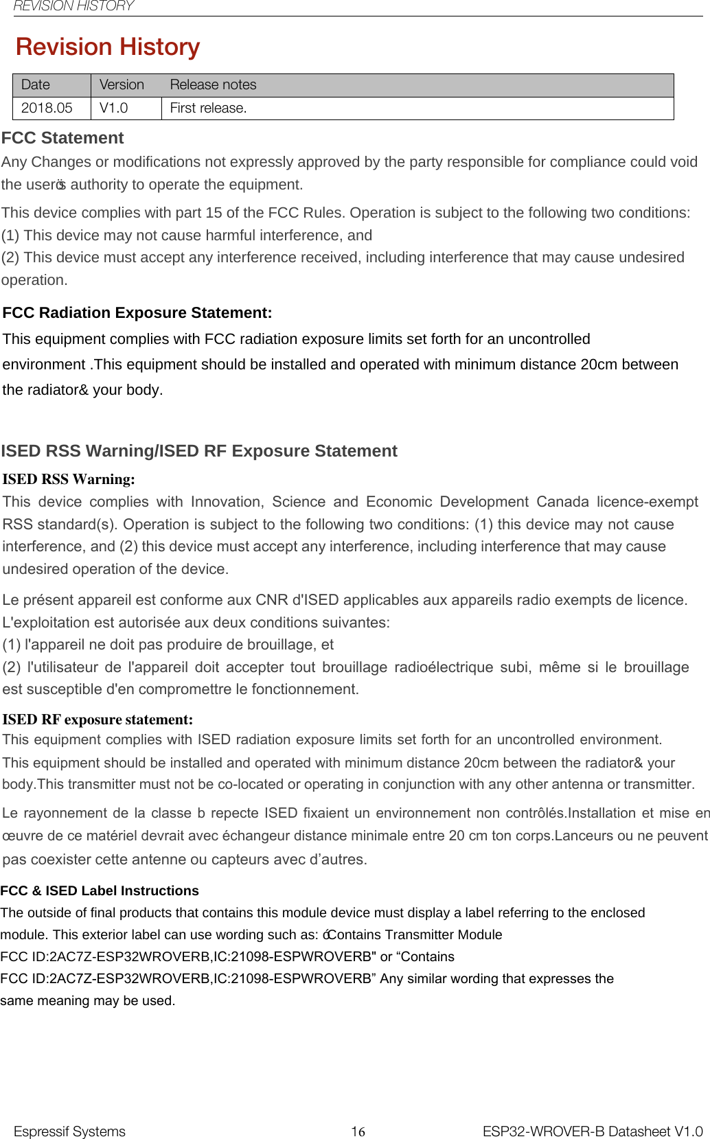 REVISION HISTORYRevision HistoryDate Version Release notes2018.05 V1.0 First release.Espressif Systems 16ESP32-WROVER-B Datasheet V1.0,6(&apos;566:DUQLQJ,6(&apos;5)([SRVXUH6WDWHPHQWISED RSS Warning:This  device  complies  with  Innovation,  Science  and  Economic  Development  Canada  licence-exempt RSS standard(s). Operation is subject to the following two conditions: (1) this device may not cause interference, and (2) this device must accept any interference, including interference that may cause undesired operation of the device. Le présent appareil est conforme aux CNR d&apos;ISED applicables aux appareils radio exempts de licence.   L&apos;exploitation est autorisée aux deux conditions suivantes:   (1) l&apos;appareil ne doit pas produire de brouillage, et   (2)  l&apos;utilisateur  de l&apos;appareil  doit  accepter  tout  brouillage  radioélectrique  subi,  même  si  le  brouillage est susceptible d&apos;en compromettre le fonctionnement. ISED RF exposure statement:This equipment complies with ISED radiation exposure limits set forth for an uncontrolled environment.This equipment should be installed and operated with minimum distance 20cm between the radiator&amp; your body.This transmitter must not be co-located or operating in conjunction with any other antenna or transmitter.Le  rayonnement de la  classe b repecte  ISED fixaient un  environnement  non contrôlés.Installation et  mise en œuvre de ce matériel devrait avec échangeur distance minimale entre 20 cm ton corps.Lanceurs ou ne peuventpas coexister cette antenne ou capteurs avec d’autres.FCC Radiation Exposure Statement:  This equipment complies with FCC radiation exposure limits set forth for an uncontrolled environment .This equipment should be installed and operated with minimum distance 20cm between the radiator&amp; your body.   )&amp;&amp;6WDWHPHQW$Q\&amp;KDQJHVRUPRGLILFDWLRQVQRWH[SUHVVO\DSSURYHGE\WKHSDUW\UHVSRQVLEOHIRUFRPSOLDQFHFRXOGYRLGWKHXVHU¶VDXWKRULW\WRRSHUDWHWKHHTXLSPHQW7KLVGHYLFHFRPSOLHVZLWKSDUWRIWKH)&amp;&amp;5XOHV2SHUDWLRQLVVXEMHFWWRWKHIROORZLQJWZRFRQGLWLRQV7KLVGHYLFHPD\QRWFDXVHKDUPIXOLQWHUIHUHQFHDQG 7KLVGHYLFHPXVWDFFHSWDQ\LQWHUIHUHQFHUHFHLYHGLQFOXGLQJLQWHUIHUHQFHWKDWPD\FDXVHXQGHVLUHGRSHUDWLRQ )&amp;&amp;,6(&apos;/DEHO,QVWUXFWLRQV7KHRXWVLGHRIILQDOSURGXFWVWKDWFRQWDLQVWKLVPRGXOHGHYLFHPXVWGLVSOD\DODEHOUHIHUULQJWRWKHHQFORVHGPRGXOH7KLVH[WHULRUODEHOFDQXVHZRUGLQJVXFKDV³&amp;RQWDLQV7UDQVPLWWHU0RGXOH)&amp;&amp;,&apos;$&amp;=(63:529(5%,IC:21098-ESPWROVERB&quot; or “Contains FCC ID:2AC7Z-ESP32WROVERB,IC:21098-ESPWROVERB” Any similar wording that expresses the same meaning may be used. 