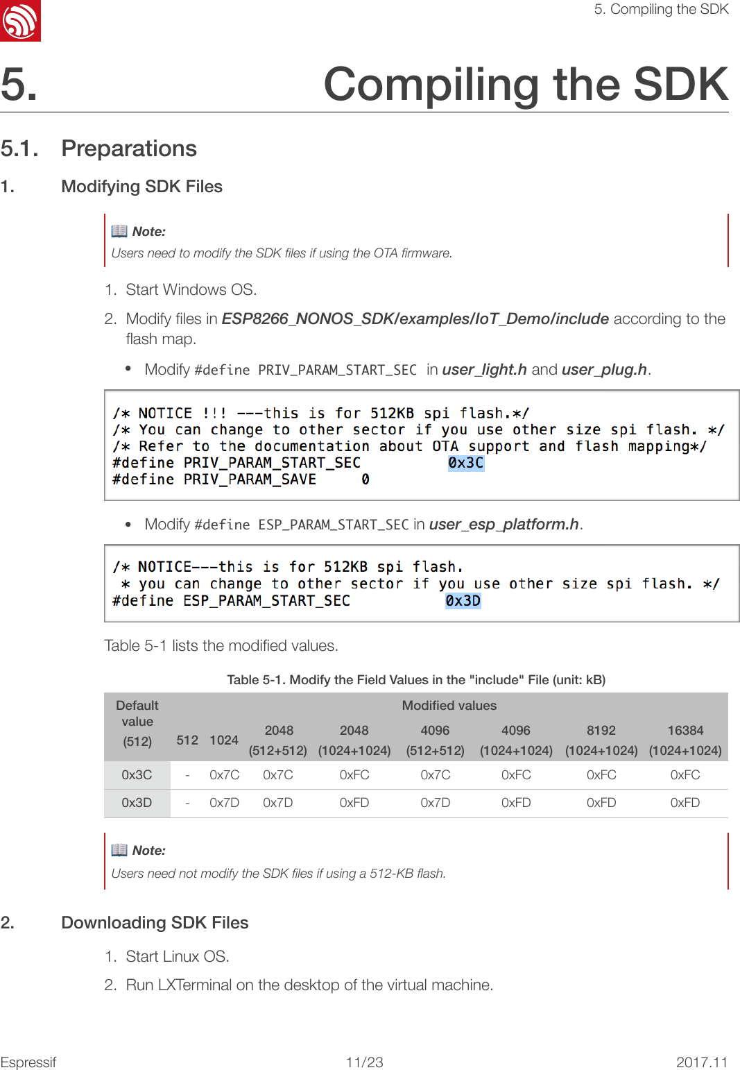 &quot;5. Compiling the SDK5. Compiling the SDK 5.1. Preparations 1. Modifying SDK Files 1. Start Windows OS. 2. Modify ﬁles in ESP8266_NONOS_SDK/examples/IoT_Demo/include according to the ﬂash map. •Modify #define󰐇PRIV_PARAM_START_SEC in user_light.h and user_plug.h. &quot; •Modify #define󰐇ESP_PARAM_START_SEC in user_esp_platform.h. &quot; Table 5-1 lists the modiﬁed values. 2. Downloading SDK Files 1. Start Linux OS. 2. Run LXTerminal on the desktop of the virtual machine. 📖 Note: Users need to modify the SDK ﬁles if using the OTA ﬁrmware.Table 5-1. Modify the Field Values in the &quot;include&quot; File (unit: kB)Default value (512)Modiﬁed values51210242048 (512+512)2048 (1024+1024)4096 (512+512)4096 (1024+1024)8192 (1024+1024)16384 (1024+1024)0x3C-0x7C0x7C0xFC0x7C0xFC0xFC0xFC0x3D-0x7D0x7D0xFD0x7D0xFD0xFD0xFD📖 Note: Users need not modify the SDK ﬁles if using a 512-KB ﬂash.Espressif&quot;/&quot;11 232017.11