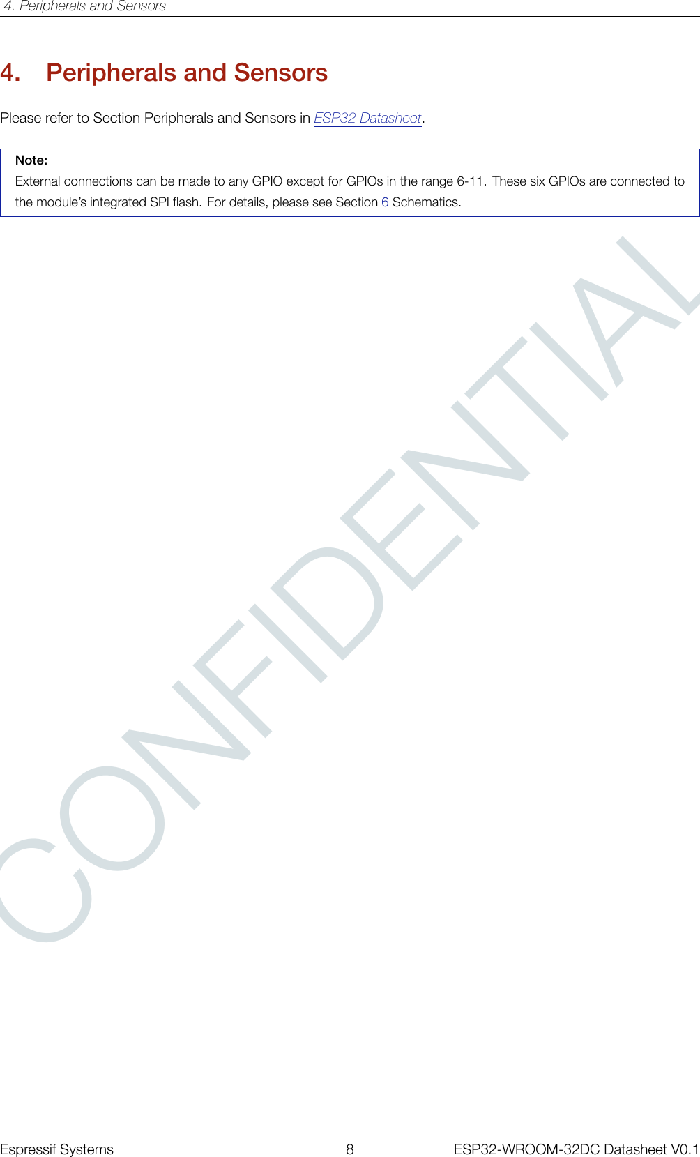 CONFIDENTIAL4. Peripherals and Sensors4. Peripherals and SensorsPlease refer to Section Peripherals and Sensors in ESP32 Datasheet.Note:External connections can be made to any GPIO except for GPIOs in the range 6-11. These six GPIOs are connected tothe module’s integrated SPI flash. For details, please see Section 6Schematics.Espressif Systems 8 ESP32-WROOM-32DC Datasheet V0.1