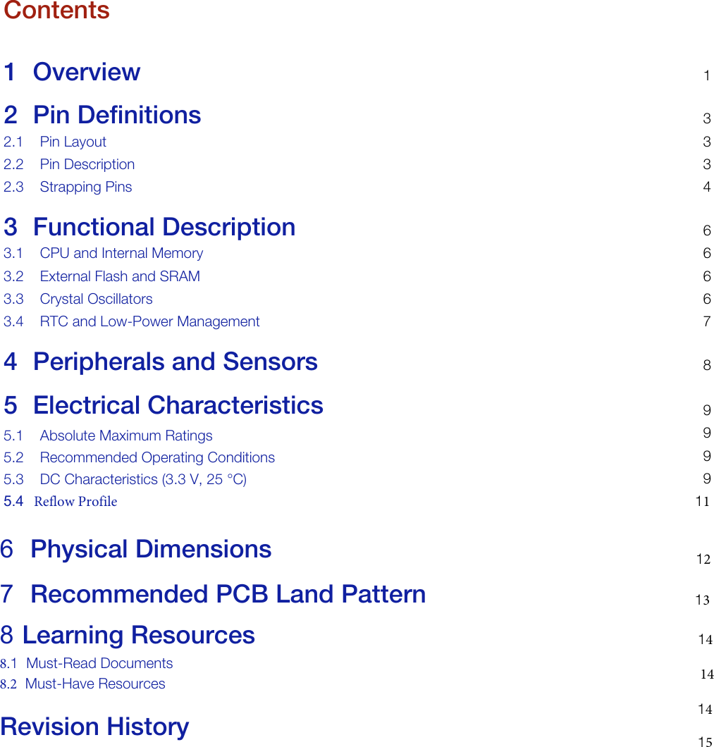Contents1 Overview 12 Pin Definitions 32.1 Pin Layout 32.2 Pin Description 32.3 Strapping Pins 43 Functional Description 63.1 CPU and Internal Memory 63.2 External Flash and SRAM 63.3 Crystal Oscillators 63.4 RTC and Low-Power Management 74 Peripherals and Sensors 89999115 Electrical Characteristics 5.1 Absolute Maximum Ratings5.2 Recommended Operating Conditions5.3 DC Characteristics (3.3 V, 25 °C)5.4   Reflow Profile12136 Physical Dimensions147 Recommended PCB Land Pattern1414158 Learning Resources 8.1 Must-Read Documents8.2 Must-Have ResourcesRevision History