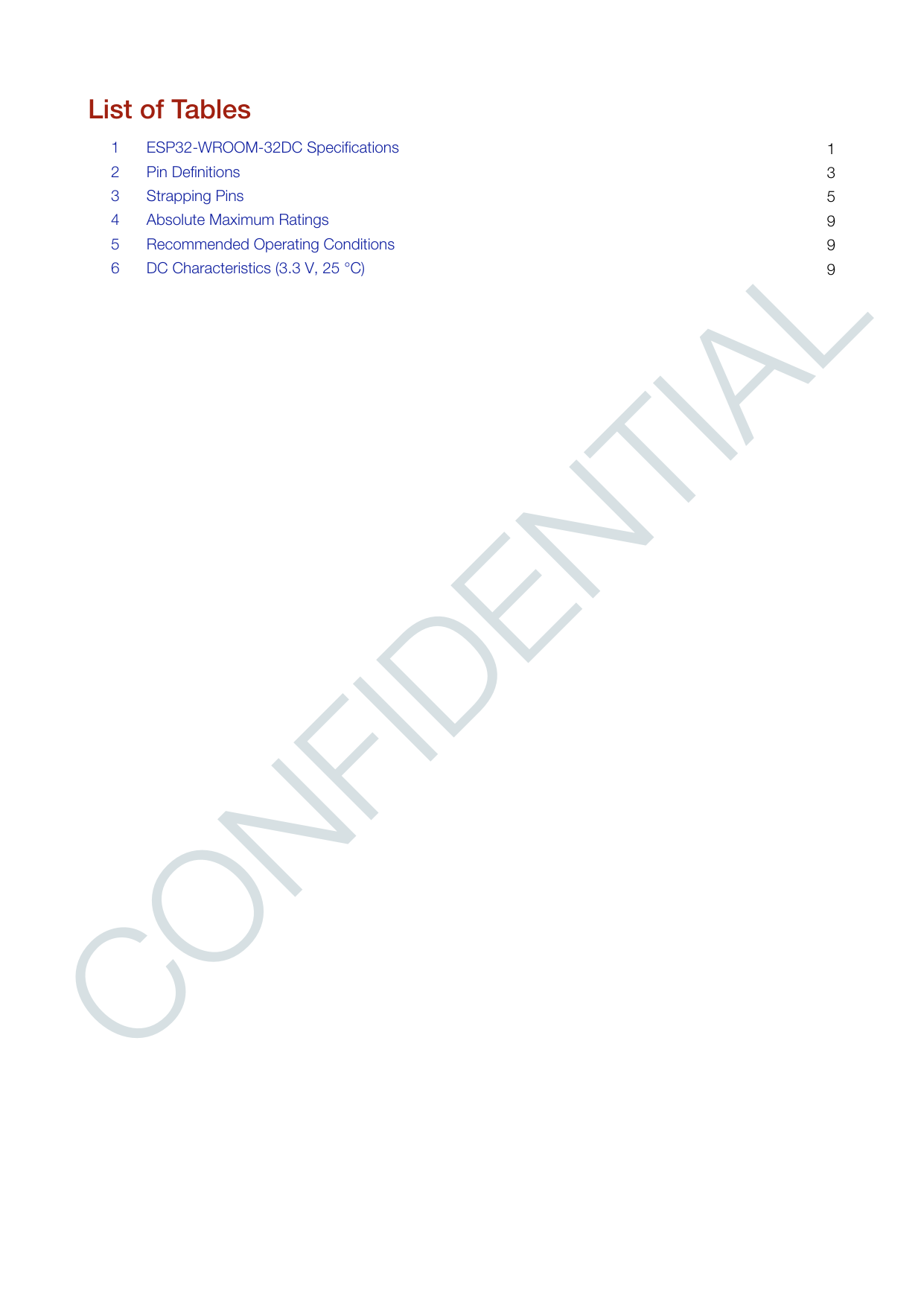 CONFIDENTIALList of Tables1359991 ESP32-WROOM-32DC Specifications 2 Pin Definitions3 Strapping Pins4 Absolute Maximum Ratings5 Recommended Operating Conditions 6 DC Characteristics (3.3 V, 25 °C)