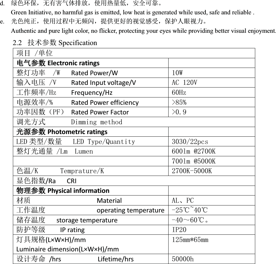 d. 㔯㢢⧟؍ˈᰐᴹᇣ≄փᧂ᭮ˈ֯⭘✝䟿վˈᆹޘਟ䶐ǄGreen Initiative, no harmful gas is emitted, low heat is generated while used, safe and reliable .e. ݹ㢢㓟↓ˈ֯⭘䗷〻ѝᰐ仁䰚ˈᨀ׋ᴤྭⲴ㿶㿹ᝏਇˈ؍ᣔӪ⵬㿶࣋ǄAuthentic and pure light color, no flicker, protecting your eyes while providing better visual enjoyment.2.2 ᢰᵟ৲ᮠ Specification亩ⴞঅս⭥⭥≄৲ᮠElectronic ratingsᮤ⚟࣏⦷:Rated Power/W :䗃ޕ⭥঻9Rated Input voltage/V $&amp;9ᐕ֌仁⦷+]Frequency/Hz +]⭥Ⓚ᭸⦷Rated Power efficiency !࣏⦷ഐᮠ˄3)˅Rated Power Factor !䈳ݹᯩᔿ&apos;LPPLQJPHWKRGݹݹⓀ৲ᮠPhotometric ratings/(&apos; ㊫රᮠ䟿/(&apos;7\SH4XDQWLW\ SFVᮤ⚟ݹ䙊䟿/P/XPHQ OP#. OP#.㢢⑙.7HPSUDWXUH. ..ᱮ㢢ᤷᮠ/Ra   CRI ⢙⢙⨶৲ᮠPhysical informationᶀ䍘                  Material  $/ǃ3&amp;ᐕ֌⑙ᓖ              operating temperature  ćaćۘᆈ⑙ᓖ   storage temperature  ̚ćǄ䱢ᣔㅹ㓗    IP rating   ,3⚟ާ㿴Ṭ(L×W×H)/mm    Luminaire dimension(L×W×H)/mm PPPP䇮䇑ሯભ /hrs          Lifetime/hrs  K