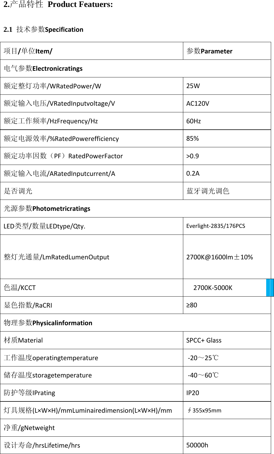 2.产品特性 Product Featuers:  2.1  技术参数Specification项目/单位Item/参数Parameter电气参数Electronicratings 额定整灯功率/WRatedPower/W25W额定输入电压/VRatedInputvoltage/VAC120V额定工作频率/HzFrequency/Hz60Hz额定电源效率/%RatedPowerefficiency85%额定功率因数（PF）RatedPowerFactor&gt;0.9额定输入电流/ARatedInputcurrent/A0.2A是否调光蓝牙调光调色光源参数Photometricratings LED类型/数量LEDtype/Qty.Everlight‐2835/176PCS整灯光通量/LmRatedLumenOutput2700K@1600lm±10%色温/KCCT2700K‐5000K 显色指数/RaCRI≥80物理参数Physicalinformation 材质MaterialSPCC+Glass工作温度operatingtemperature‐20～25℃ 储存温度storagetemperature‐40～60℃ 防护等级IPratingIP20灯具规格(L×W×H)/mmLuminairedimension(L×W×H)/mm∮355x95mm净重/gNetweight设计寿命/hrsLifetime/hrs50000h