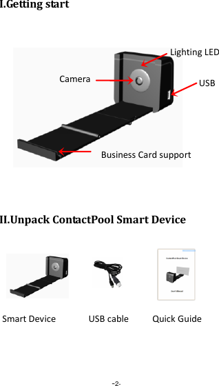  -2- I.Getting start         II.Unpack ContactPool Smart Device    Smart Device USB cable Mini USB LED USB Business Card support Camera Lighting LED Quick Guide 