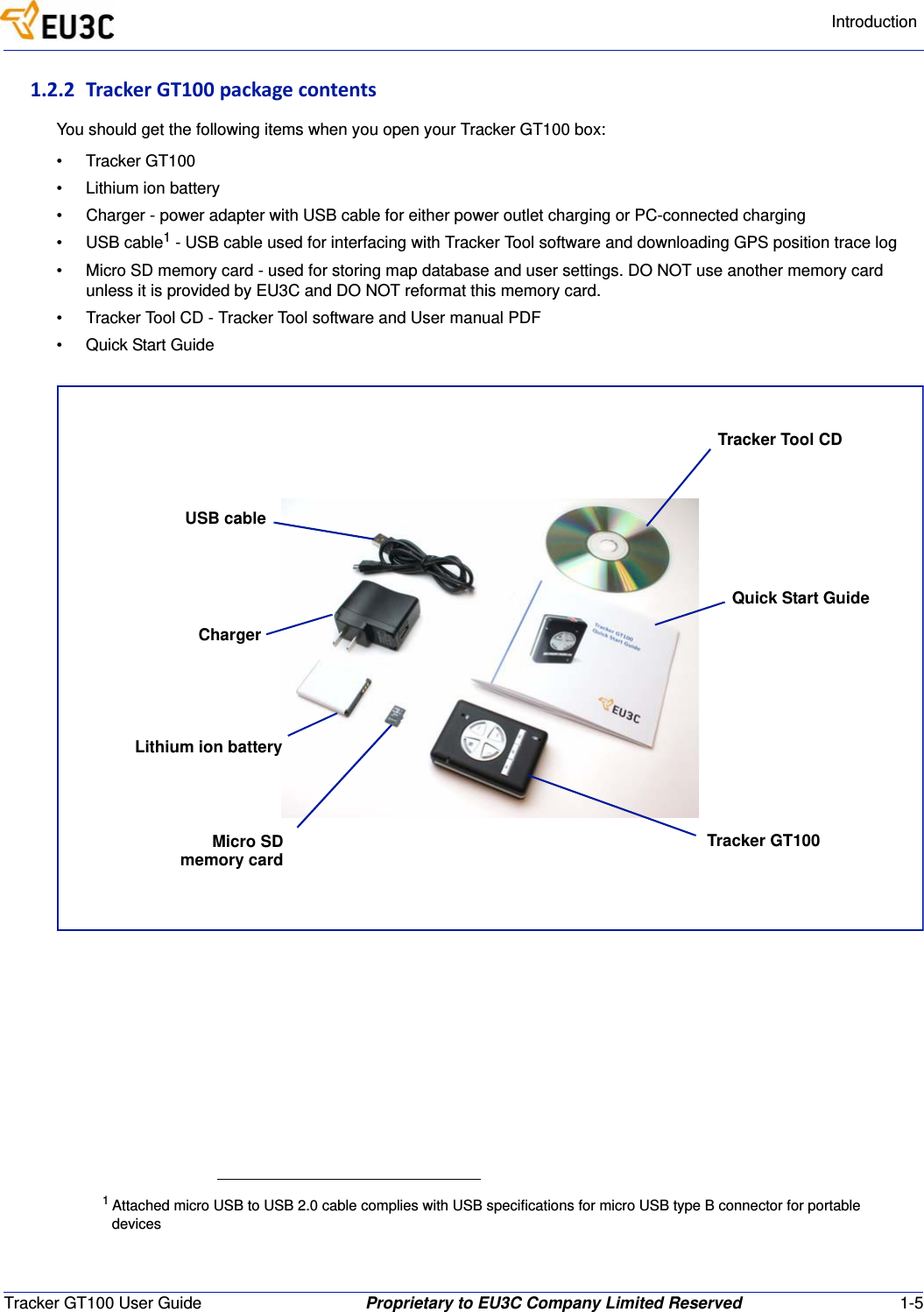 IntroductionTracker GT100 User Guide Proprietary to EU3C Company Limited Reserved 1-51.2.2 TrackerGT100packagecontentsYou should get the following items when you open your Tracker GT100 box:&bull; Tracker GT100&bull; Lithium ion battery&bull; Charger - power adapter with USB cable for either power outlet charging or PC-connected charging&bull; USB cable1 - USB cable used for interfacing with Tracker Tool software and downloading GPS position trace log&bull; Micro SD memory card - used for storing map database and user settings. DO NOT use another memory card unless it is provided by EU3C and DO NOT reformat this memory card.&bull; Tracker Tool CD - Tracker Tool software and User manual PDF&bull; Quick Start Guide1 Attached micro USB to USB 2.0 cable complies with USB specifications for micro USB type B connector for portable devicesQuick Start GuideTracker GT100Micro SDmemory cardLithium ion batteryTracker Tool CDUSB cableCharger