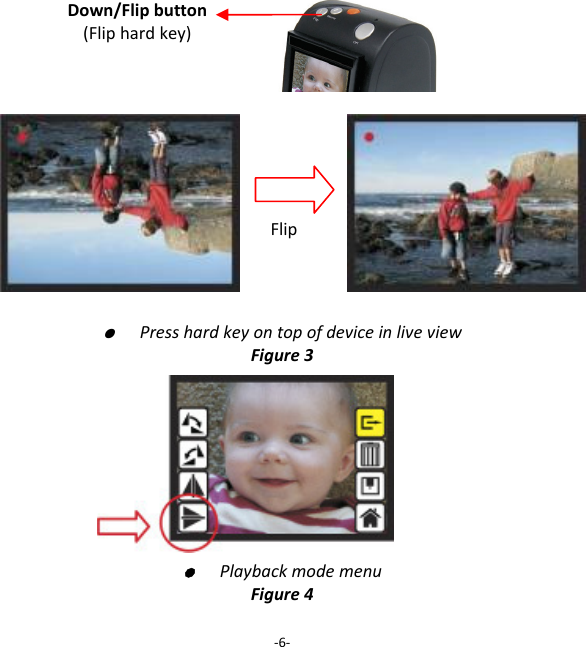 ●  PresshardkeyontopofdeviceinliveviewFigure3  ●  PlaybackmodemenuFigure4‐6‐Down/Flipbutton(Fliphardkey)Flip