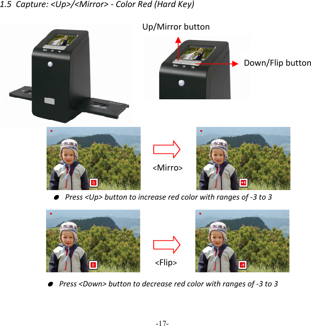 -17-  1.5Capture:<Up>/<Mirror>‐ColorRed(HardKey)● Press<Up>buttontoincreaseredcolorwithrangesof‐3to3● Press<Down>buttontodecreaseredcolorwithrangesof‐3to3Up/Mirrorbutton Down/Flipbutton<Mirro><Flip>