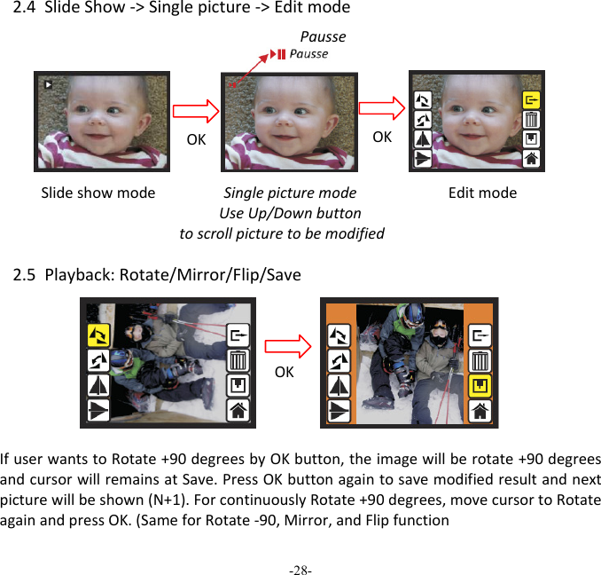 -28-  2.4SlideShow‐>Singlepicture‐>EditmodeSlideshowmodeEditmode2.5Playback:Rotate/Mirror/Flip/SaveIfuserwantstoRotate+90degreesbyOKbutton,theimagewillberotate+90degreesandcursorwillremainsatSave.PressOKbuttonagaintosavemodifiedresultandnextpicturewillbeshown(N+1).ForcontinuouslyRotate+90degrees,movecursortoRotateagainandpressOK.(SameforRotate‐90,Mirror,andFlipfunctionPausseOK OK SinglepicturemodeUseUp/Downbuttontoscrollpicturetobemodified OK