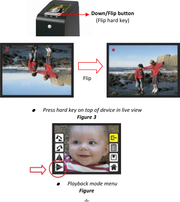 -6-  ●  PresshardkeyontopofdeviceinliveviewFigure3  ●  PlaybackmodemenuFigureDown/Flipbutton(Fliphardkey)Flip