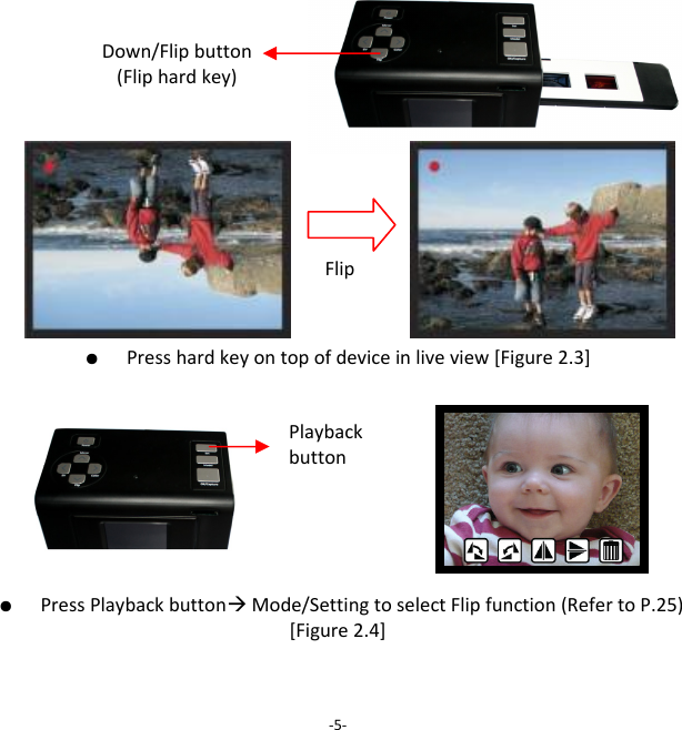 ●  Presshardkeyontopofdeviceinliveview[Figure2.3]  ●  PressPlaybackbuttonMode/SettingtoselectFlipfunction(RefertoP.25)[Figure2.4]         ‐5‐Down/Flipbutton(Fliphardkey)FlipPlaybackbutton 
