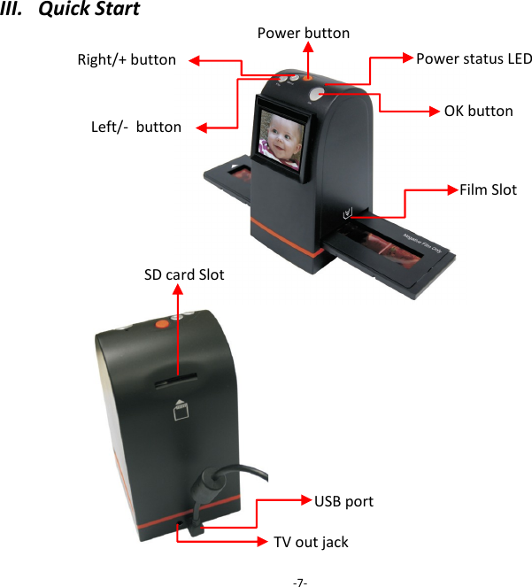 III.   Quick Start                            -7- Right/+ button Film Slot OK button SD card Slot Left/-  button Power button USB port TV out jack Power status LED 