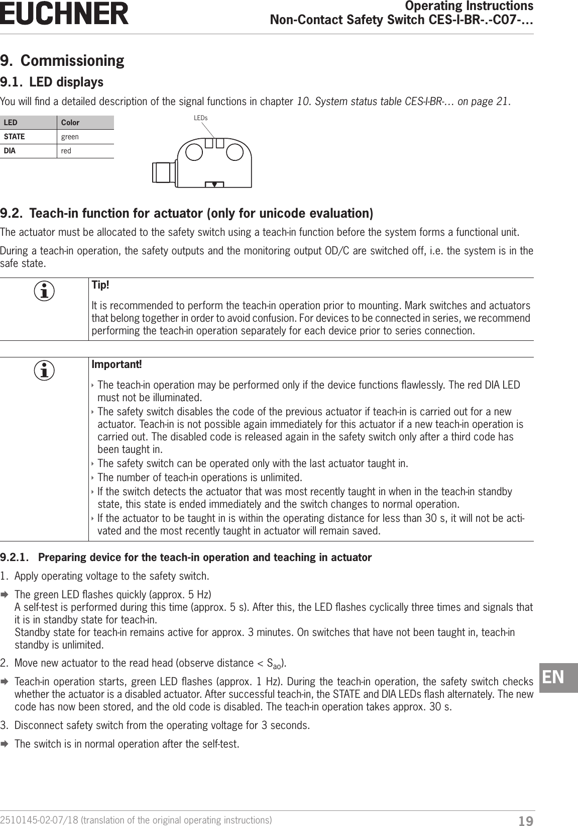 192510145-02-07/18 (translation of the original operating instructions)Operating InstructionsNon-Contact Safety Switch CES-I-BR-.-C07-&hellip;EN9.  Commissioning9.1.  LED displaysYou will nd a detailed description of the signal functions in chapter 10. System status table CES‑I‑BR‑&hellip; on page 21.LED ColorSTATE greenDIA red9.2.  Teach-in function for actuator (only for unicode evaluation)The actuator must be allocated to the safety switch using a teach-in function before the system forms a functional unit.During a teach-in operation, the safety outputs and the monitoring output OD/C are switched off, i.e. the system is in the safe state.Tip!It is recommended to perform the teach-in operation prior to mounting. Mark switches and actuators that belong together in order to avoid confusion. For devices to be connected in series, we recommend performing the teach-in operation separately for each device prior to series connection.Important! &Igrave;The teach-in operation may be performed only if the device functions awlessly. The red DIA LED must not be illuminated. &Igrave;The safety switch disables the code of the previous actuator if teach-in is carried out for a new actuator. Teach-in is not possible again immediately for this actuator if a new teach-in operation is carried out. The disabled code is released again in the safety switch only after a third code has been taught in. &Igrave;The safety switch can be operated only with the last actuator taught in. &Igrave;The number of teach-in operations is unlimited. &Igrave;If the switch detects the actuator that was most recently taught in when in the teach-in standby state, this state is ended immediately and the switch changes to normal operation.  &Igrave;If the actuator to be taught in is within the operating distance for less than 30s, it will not be acti-vated and the most recently taught in actuator will remain saved.9.2.1.  Preparing device for the teach-in operation and teaching in actuator1.  Apply operating voltage to the safety switch. &uml;The green LED ashes quickly (approx. 5Hz) A self-test is performed during this time (approx. 5s). After this, the LED ashes cyclically three times and signals that it is in standby state for teach-in.  Standby state for teach-in remains active for approx. 3 minutes. On switches that have not been taught in, teach-in standby is unlimited.2.  Move new actuator to the read head (observe distance < Sao). &uml;Teach-in operation starts, green LED ashes (approx. 1 Hz). During the teach-in operation, the safety switch checks whether the actuator is a disabled actuator. After successful teach-in, the STATE and DIA LEDs ash alternately. The new code has now been stored, and the old code is disabled. The teach-in operation takes approx. 30s.3.  Disconnect safety switch from the operating voltage for 3 seconds. &uml;The switch is in normal operation after the self-test.LEDs