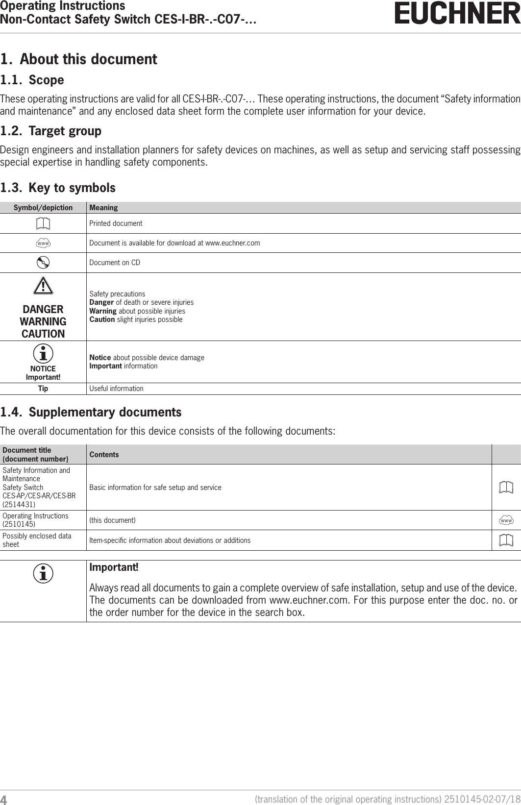 Operating InstructionsNon-Contact Safety Switch CES-I-BR-.-C07-&hellip;4(translation of the original operating instructions) 2510145-02-07/181.  About this document1.1.  ScopeThese operating instructions are valid for all CES-I-BR-.-C07-&hellip; These operating instructions, the document &ldquo;Safety information and maintenance&rdquo; and any enclosed data sheet form the complete user information for your device.1.2.  Target groupDesign engineers and installation planners for safety devices on machines, as well as setup and servicing staff possessing special expertise in handling safety components. 1.3.  Key to symbolsSymbol/depiction MeaningPrinted documentwww Document is available for download at www.euchner.comDocument on CDDANGER WARNING CAUTIONSafety precautionsDanger of death or severe injuriesWarning about possible injuriesCaution slight injuries possibleNOTICE Important!Notice about possible device damageImportant informationTip Useful information1.4.  Supplementary documentsThe overall documentation for this device consists of the following documents:Document title(document number) ContentsSafety Information and MaintenanceSafety Switch CES-AP/CES-AR/CES-BR(2514431)Basic information for safe setup and serviceOperating Instructions(2510145) (this document) wwwPossibly enclosed data sheet Item-specic information about deviations or additionsImportant!Always read all documents to gain a complete overview of safe installation, setup and use of the device. The documents can be downloaded from www.euchner.com. For this purpose enter the doc. no. or the order number for the device in the search box.