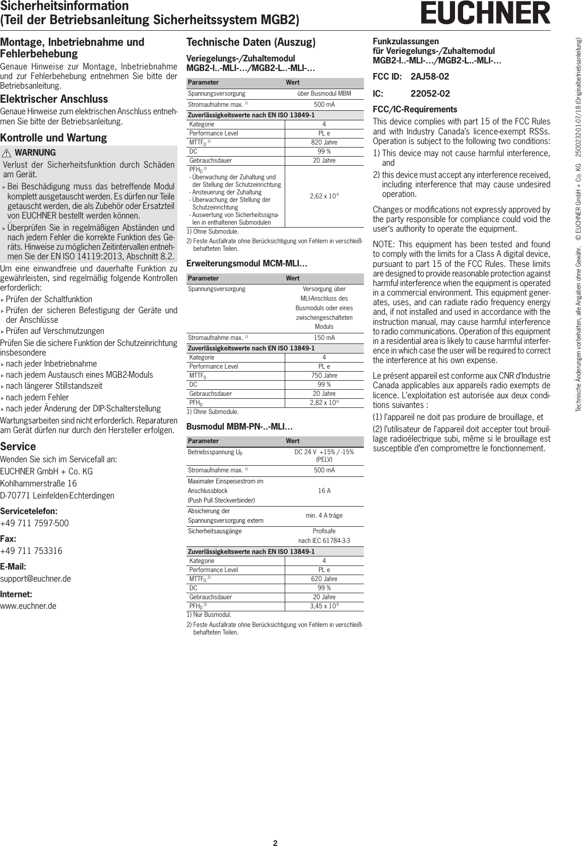 Sicherheitsinformation(Teil der Betriebsanleitung Sicherheitssystem MGB2)2Technische &Auml;nderungen vorbehalten, alle Angaben ohne Gew&auml;hr.  &copy; EUCHNER GmbH + Co. KG  2500232-01-07/18 (Originalbetriebsanleitung)Montage, Inbetriebnahme und FehlerbehebungGenaue Hinweise zur Montage, Inbetriebnahme und zur Fehlerbehebung entnehmen Sie bitte der Betriebsanleitung. Elektrischer AnschlussGenaue Hinweise zum elektrischen Anschluss entneh-men Sie bitte der Betriebsanleitung. Kontrolle und Wartung WARNUNGVerlust der Sicherheitsfunktion durch Sch&auml;den am Ger&auml;t. fBei Besch&auml;digung muss das betreffende Modul komplett ausgetauscht werden. Es d&uuml;rfen nur Teile getauscht werden, die als Zubeh&ouml;r oder Ersatzteil von EUCHNER bestellt werden k&ouml;nnen. f&Uuml;berpr&uuml;fen Sie in regelm&auml;&szlig;igen Abst&auml;nden und nach jedem Fehler die korrekte Funktion des Ge-r&auml;ts. Hinweise zu m&ouml;glichen Zeitintervallen entneh-men Sie der ENISO14119:2013, Abschnitt 8.2. Um eine einwandfreie und dauerhafte Funktion zu gew&auml;hrleisten, sind regelm&auml;&szlig;ig folgende Kontrollen erforderlich: fPr&uuml;fen der Schaltfunktion fPr&uuml;fen der sicheren Befestigung der Ger&auml;te und der Anschl&uuml;sse fPr&uuml;fen auf VerschmutzungenPr&uuml;fen Sie die sichere Funktion der Schutzeinrichtung insbesondere fnach jeder Inbetriebnahme fnach jedem Austausch eines MGB2-Moduls fnach l&auml;ngerer Stillstandszeit fnach jedem Fehler fnach jeder &Auml;nderung der DIP-SchalterstellungWartungsarbeiten sind nicht erforderlich. Reparaturen am Ger&auml;t d&uuml;rfen nur durch den Hersteller erfolgen.ServiceWenden Sie sich im Servicefall an:EUCHNER GmbH + Co. KGKohlhammerstra&szlig;e 16D-70771 Leinfelden-EchterdingenServicetelefon:+49 711 7597-500Fax:+49 711 753316E-Mail:support@euchner.deInternet:www.euchner.deTechnische Daten (Auszug)Veriegelungs-/Zuhaltemodul  MGB2-I..-MLI-&hellip;/MGB2-L..-MLI-&hellip;Parameter WertSpannungsversorgung &uuml;ber Busmodul MBMStromaufnahme max. 1) 500 mAZuverl&auml;ssigkeitswerte nach ENISO13849-1Kategorie 4Performance Level PL eMTTFD 2) 820 JahreDC 99%Gebrauchsdauer 20 JahrePFHD 2)-  &Uuml;berwachung der Zuhaltung und der Stellung der Schutzeinrichtung-  Ansteuerung der Zuhaltung-  &Uuml;berwachung der Stellung der Schutzeinrichtung-  Auswertung von Sicherheitssigna-len in enthaltenen Submodulen2,62 x 10-91)  Ohne Submodule.2)  Feste Ausfallrate ohne Ber&uuml;cksichtigung von Fehlern in verschlei&szlig;-behafteten Teilen.Erweiterungsmodul MCM-MLI&hellip;Parameter WertSpannungsversorgung Versorgung &uuml;ber MLI-Anschluss des Busmoduls oder eines zwischengeschalteten ModulsStromaufnahme max. 1) 150 mAZuverl&auml;ssigkeitswerte nach ENISO13849-1Kategorie 4Performance Level PL eMTTFD750 JahreDC 99%Gebrauchsdauer 20 JahrePFHD2,82 x 10-91)  Ohne Submodule.Busmodul MBM-PN-..-MLI&hellip;Parameter WertBetriebsspannung UBDC 24V  +15% / -15% (PELV)Stromaufnahme max. 1) 500 mAMaximaler Einspeisestrom im Anschlussblock  (Push Pull Steckverbinder)16 AAbsicherung der Spannungsversorgung extern min. 4 A tr&auml;geSicherheitsausg&auml;nge Prosafe  nach IEC61784-3-3Zuverl&auml;ssigkeitswerte nach ENISO13849-1Kategorie 4Performance Level PL eMTTFD 2) 620 JahreDC 99%Gebrauchsdauer 20 JahrePFHD 2) 3,45 x 10-91)  Nur Busmodul.2)  Feste Ausfallrate ohne Ber&uuml;cksichtigung von Fehlern in verschlei&szlig;-behafteten Teilen.Funkzulassungen  f&uuml;r Veriegelungs-/Zuhaltemodul MGB2-I..-MLI-&hellip;/MGB2-L..-MLI-&hellip;FCC ID:  2AJ58-02IC:  22052-02FCC/IC-RequirementsThis device complies with part 15 of the FCC Rules and with Industry Canada&rsquo;s licence-exempt RSSs. Operation is subject to the following two conditions:1)  This device may not cause harmful interference, and2)  this device must accept any interference received, including interference that may cause undesired operation.Changes or modications not expressly approved by the party responsible for compliance could void the user&lsquo;s authority to operate the equipment.NOTE: This equipment has been tested and found to comply with the limits for a Class A digital device, pursuant to part 15 of the FCC Rules. These limits are designed to provide reasonable protection against harmful interference when the equipment is operated in a commercial environment. This equipment gener-ates, uses, and can radiate radio frequency energy and, if not installed and used in accordance with the instruction manual, may cause harmful interference to radio communications. Operation of this equipment in a residential area is likely to cause harmful interfer-ence in which case the user will be required to correct the interference at his own expense.Le pr&eacute;sent appareil est conforme aux CNR d&rsquo;Industrie Canada applicables aux appareils radio exempts de licence. L&rsquo;exploitation est autoris&eacute;e aux deux condi-tions suivantes : (1) l&rsquo;appareil ne doit pas produire de brouillage, et (2) l&rsquo;utilisateur de l&rsquo;appareil doit accepter tout brouil-lage radio&eacute;lectrique subi, m&ecirc;me si le brouillage est susceptible d&rsquo;en compromettre le fonctionnement.