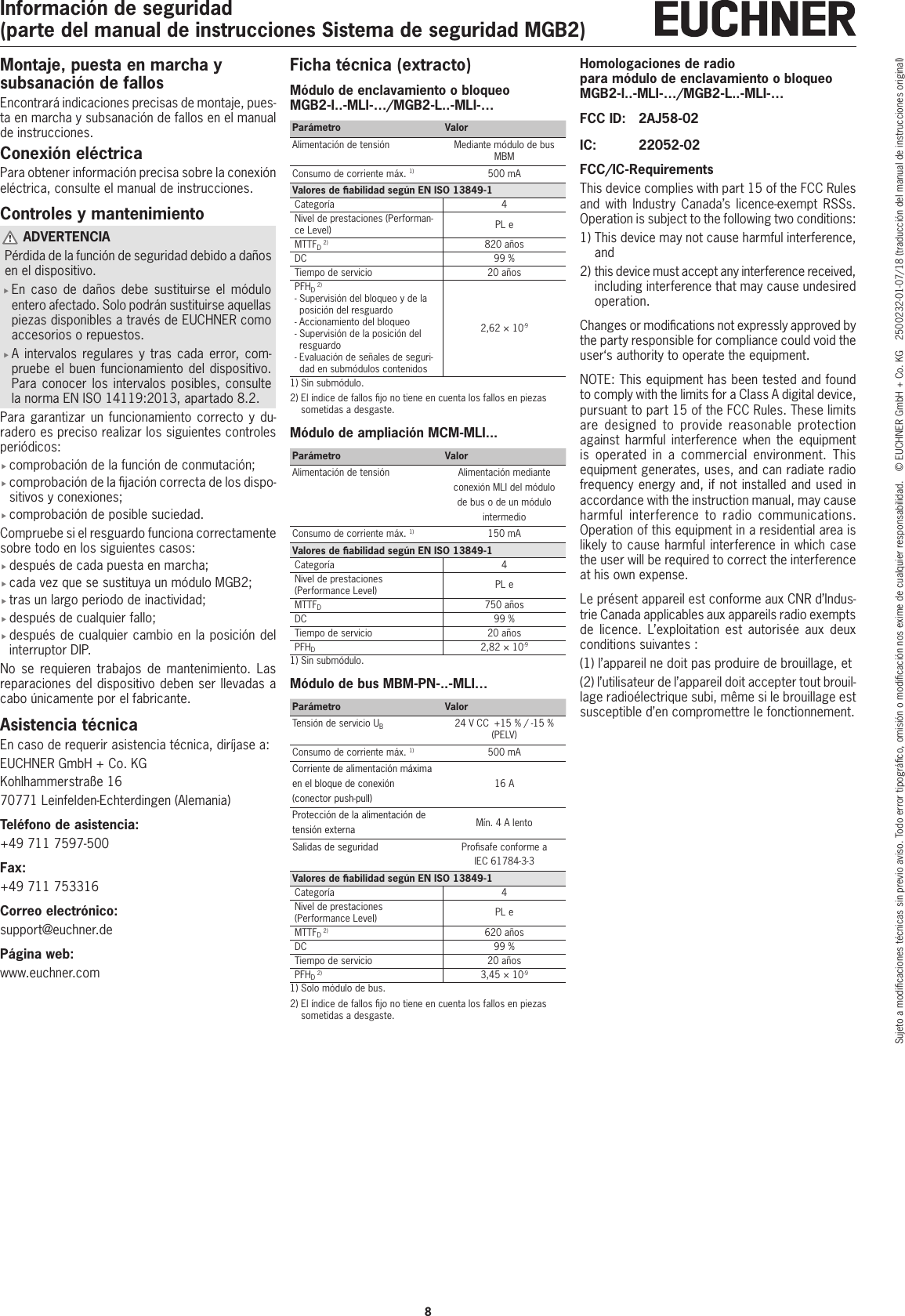 Informaci&oacute;n de seguridad(parte del manual de instrucciones Sistema de seguridad MGB2)8Sujeto a modicaciones t&eacute;cnicas sin previo aviso. Todo error tipogr&aacute;co, omisi&oacute;n o modicaci&oacute;n nos exime de cualquier responsabilidad.  &copy; EUCHNER GmbH + Co. KG  2500232-01-07/18 (traducci&oacute;n del manual de instrucciones original)Montaje, puesta en marcha y subsanaci&oacute;n de fallosEncontrar&aacute; indicaciones precisas de montaje, pues-ta en marcha y subsanaci&oacute;n de fallos en el manual de instrucciones. Conexi&oacute;n el&eacute;ctricaPara obtener informaci&oacute;n precisa sobre la conexi&oacute;n el&eacute;ctrica, consulte el manual de instrucciones.Controles y mantenimiento ADVERTENCIAP&eacute;rdida de la funci&oacute;n de seguridad debido a da&ntilde;os en el dispositivo. fEn caso de da&ntilde;os debe sustituirse el m&oacute;dulo entero afectado. Solo podr&aacute;n sustituirse aquellas piezas disponibles a trav&eacute;s de EUCHNER como accesorios o repuestos. fA intervalos regulares y tras cada error, com-pruebe el buen funcionamiento del dispositivo. Para conocer los intervalos posibles, consulte la norma ENISO14119:2013, apartado 8.2. Para garantizar un funcionamiento correcto y du-radero es preciso realizar los siguientes controles peri&oacute;dicos: fcomprobaci&oacute;n de la funci&oacute;n de conmutaci&oacute;n; fcomprobaci&oacute;n de la jaci&oacute;n correcta de los dispo-sitivos y conexiones; fcomprobaci&oacute;n de posible suciedad.Compruebe si el resguardo funciona correctamente sobre todo en los siguientes casos: fdespu&eacute;s de cada puesta en marcha; fcada vez que se sustituya un m&oacute;dulo MGB2; ftras un largo periodo de inactividad; fdespu&eacute;s de cualquier fallo; fdespu&eacute;s de cualquier cambio en la posici&oacute;n del interruptor DIP.No se requieren trabajos de mantenimiento. Las reparaciones del dispositivo deben ser llevadas a cabo &uacute;nicamente por el fabricante.Asistencia t&eacute;cnicaEn caso de requerir asistencia t&eacute;cnica, dir&iacute;jase a:EUCHNER GmbH + Co. KGKohlhammerstra&szlig;e 1670771Leinfelden-Echterdingen (Alemania)Tel&eacute;fono de asistencia:+49 711 7597-500Fax:+49711753316Correo electr&oacute;nico:support@euchner.deP&aacute;gina web:www.euchner.comFicha t&eacute;cnica (extracto)M&oacute;dulo de enclavamiento o bloqueo MGB2-I..-MLI-&hellip;/MGB2-L..-MLI-&hellip;Par&aacute;metro ValorAlimentaci&oacute;n de tensi&oacute;n Mediante m&oacute;dulo de bus MBMConsumo de corriente m&aacute;x. 1) 500 mAValores de abilidad seg&uacute;n EN ISO 13849-1Categor&iacute;a 4Nivel de prestaciones (Performan-ce Level) PLeMTTFD 2) 820a&ntilde;osDC 99%Tiempo de servicio 20a&ntilde;osPFHD 2)-  Supervisi&oacute;n del bloqueo y de la posici&oacute;n del resguardo-  Accionamiento del bloqueo-  Supervisi&oacute;n de la posici&oacute;n del resguardo-  Evaluaci&oacute;n de se&ntilde;ales de seguri-dad en subm&oacute;dulos contenidos2,62&times;10-91)  Sin subm&oacute;dulo.2)  El &iacute;ndice de fallos jo no tiene en cuenta los fallos en piezas sometidas a desgaste.M&oacute;dulo de ampliaci&oacute;n MCM-MLI...Par&aacute;metro ValorAlimentaci&oacute;n de tensi&oacute;n Alimentaci&oacute;n mediante conexi&oacute;n MLI del m&oacute;dulo de bus o de un m&oacute;dulo intermedioConsumo de corriente m&aacute;x. 1) 150 mAValores de abilidad seg&uacute;n EN ISO 13849-1Categor&iacute;a 4Nivel de prestaciones (Performance Level) PLeMTTFD750a&ntilde;osDC 99%Tiempo de servicio 20a&ntilde;osPFHD2,82&times;10-91)  Sin subm&oacute;dulo.M&oacute;dulo de bus MBM-PN-..-MLI&hellip;Par&aacute;metro ValorTensi&oacute;n de servicio UB24VCC  +15% / -15% (PELV)Consumo de corriente m&aacute;x. 1) 500 mACorriente de alimentaci&oacute;n m&aacute;xima en el bloque de conexi&oacute;n  (conector push-pull)16 AProtecci&oacute;n de la alimentaci&oacute;n de tensi&oacute;n externa M&iacute;n. 4 A lentoSalidas de seguridad Prosafe conforme a IEC61784-3-3Valores de abilidad seg&uacute;n EN ISO 13849-1Categor&iacute;a 4Nivel de prestaciones (Performance Level) PLeMTTFD 2) 620a&ntilde;osDC 99%Tiempo de servicio 20a&ntilde;osPFHD 2) 3,45&times;10-91)  Solo m&oacute;dulo de bus.2)  El &iacute;ndice de fallos jo no tiene en cuenta los fallos en piezas sometidas a desgaste.Homologaciones de radio  para m&oacute;dulo de enclavamiento o bloqueo MGB2-I..-MLI-&hellip;/MGB2-L..-MLI-&hellip;FCC ID:  2AJ58-02IC:  22052-02FCC/IC-RequirementsThis device complies with part 15 of the FCC Rules and with Industry Canada&rsquo;s licence-exempt RSSs. Operation is subject to the following two conditions:1)  This device may not cause harmful interference, and2)  this device must accept any interference received, including interference that may cause undesired operation.Changes or modications not expressly approved by the party responsible for compliance could void the user&lsquo;s authority to operate the equipment.NOTE: This equipment has been tested and found to comply with the limits for a Class A digital device, pursuant to part 15 of the FCC Rules. These limits are designed to provide reasonable protection against harmful interference when the equipment is operated in a commercial environment. This equipment generates, uses, and can radiate radio frequency energy and, if not installed and used in accordance with the instruction manual, may cause harmful interference to radio communications. Operation of this equipment in a residential area is likely to cause harmful interference in which case the user will be required to correct the interference at his own expense.Le pr&eacute;sent appareil est conforme aux CNR d&rsquo;Indus-trie Canada applicables aux appareils radio exempts de licence. L&rsquo;exploitation est autoris&eacute;e aux deux conditions suivantes : (1) l&rsquo;appareil ne doit pas produire de brouillage, et (2) l&rsquo;utilisateur de l&rsquo;appareil doit accepter tout brouil-lage radio&eacute;lectrique subi, m&ecirc;me si le brouillage est susceptible d&rsquo;en compromettre le fonctionnement.