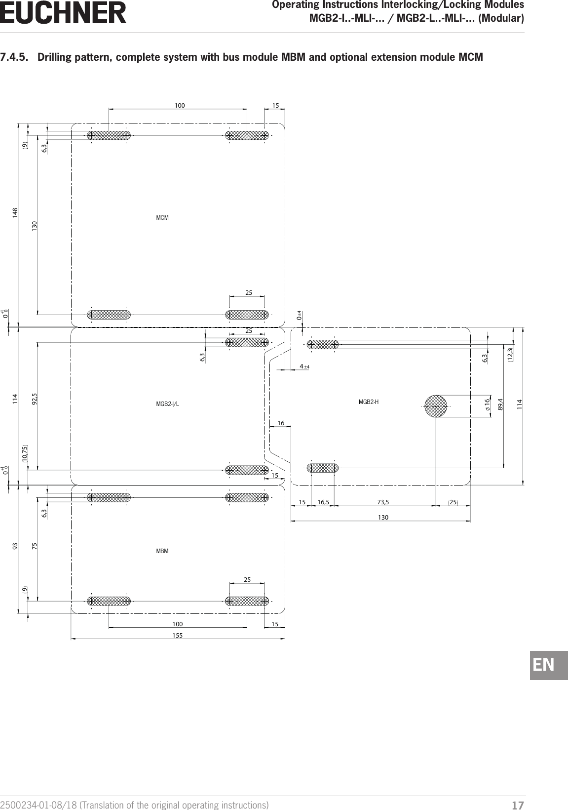 172500234-01-08/18 (Translation of the original operating instructions)Operating Instructions Interlocking/Locking ModulesMGB2-I..-MLI-... / MGB2-L..-MLI-... (Modular)  EN7.4.5.  Drilling pattern, complete system with bus module MBM and optional extension module MCM     ++ 1  114  89,4 16  73,5  6,3  12,3  130  25  130  92,5  75  0 10 0 0 25  16,5  15  4 &plusmn;4 15  10,75  100  100  155  93   114   148  15  15  6,3  6,3  9  9  6,3  0 &plusmn;4 25  25  16 MGB2-I/L MGB2-HMCMMBM