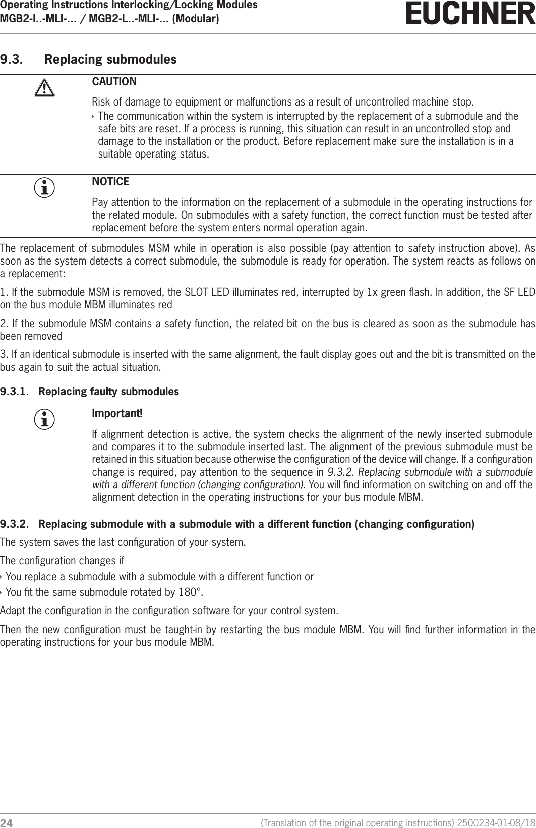 Operating Instructions Interlocking/Locking ModulesMGB2-I..-MLI-... / MGB2-L..-MLI-... (Modular)  24 (Translation of the original operating instructions) 2500234-01-08/189.3.  Replacing submodulesCAUTIONRisk of damage to equipment or malfunctions as a result of uncontrolled machine stop.  &Igrave;The communication within the system is interrupted by the replacement of a submodule and the safe bits are reset. If a process is running, this situation can result in an uncontrolled stop and damage to the installation or the product. Before replacement make sure the installation is in a suitable operating status.NOTICEPay attention to the information on the replacement of a submodule in the operating instructions for the related module. On submodules with a safety function, the correct function must be tested after replacement before the system enters normal operation again.The replacement of submodules MSM while in operation is also possible (pay attention to safety instruction above). As soon as the system detects a correct submodule, the submodule is ready for operation. The system reacts as follows on a replacement: 1. If the submodule MSM is removed, the SLOT LED illuminates red, interrupted by 1x green ash. In addition, the SF LED on the bus module MBM illuminates red2. If the submodule MSM contains a safety function, the related bit on the bus is cleared as soon as the submodule has been removed3. If an identical submodule is inserted with the same alignment, the fault display goes out and the bit is transmitted on the bus again to suit the actual situation.9.3.1.  Replacing faulty submodulesImportant!If alignment detection is active, the system checks the alignment of the newly inserted submodule and compares it to the submodule inserted last. The alignment of the previous submodule must be retained in this situation because otherwise the conguration of the device will change. If a conguration change is required, pay attention to the sequence in 9.3.2. Replacing submodule with a submodule with a different function (changing conguration). You will nd information on switching on and off the alignment detection in the operating instructions for your bus module MBM.9.3.2.  Replacing submodule with a submodule with a different function (changing conguration)The system saves the last conguration of your system. The conguration changes if &Igrave;You replace a submodule with a submodule with a different function or  &Igrave;You t the same submodule rotated by 180&deg;.Adapt the conguration in the conguration software for your control system.Then the new conguration must be taught-in by restarting the bus module MBM. You will nd further information in the operating instructions for your bus module MBM.