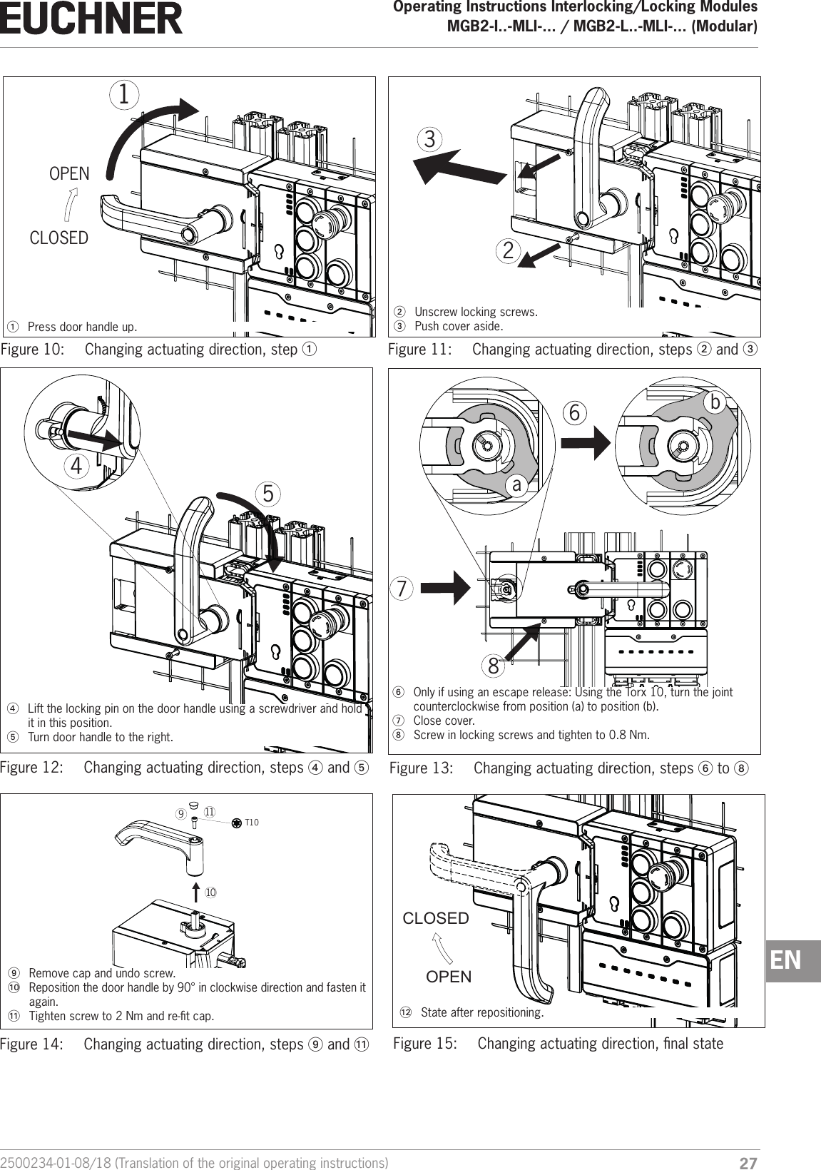 272500234-01-08/18 (Translation of the original operating instructions)Operating Instructions Interlocking/Locking ModulesMGB2-I..-MLI-... / MGB2-L..-MLI-... (Modular)  ENCLOSEDOPEN1321  Press door handle up.2  Unscrew locking screws.3  Push cover aside.Figure 10:  Changing actuating direction, step 1Figure 11:  Changing actuating direction, steps 2 and 3544  Lift the locking pin on the door handle using a screwdriver and hold it in this position.5  Turn door handle to the right.6ab786  Only if using an escape release: Using the Torx 10, turn the joint counterclockwise from position (a) to position (b).7  Close cover.8  Screw in locking screws and tighten to 0.8 Nm.Figure 12:  Changing actuating direction, steps 4 and 5Figure 13:  Changing actuating direction, steps 6 to 8  T1091011OPENCLOSED  9  Remove cap and undo screw.AT  Reposition the door handle by 90&deg; in clockwise direction and fasten it again.A  Tighten screw to 2Nm and re-t cap. A  State after repositioning.Figure 14:  Changing actuating direction, steps 9 and A Figure 15:  Changing actuating direction, nal state