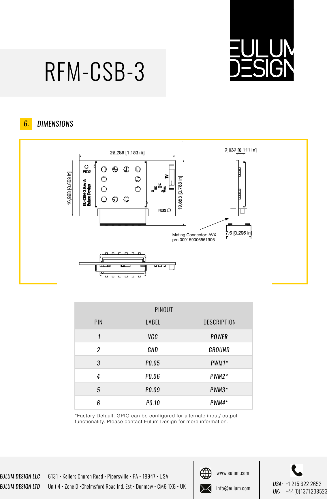 EULUM DESIGN LLC      6131 &bull; Kellers Church Road &bull; Pipersville &bull; PA &bull; 18947 &bull; USAEULUM DESIGN LTD      Unit 4 &bull; Zone D &bull;Chelmsford Road Ind. Est &bull; Dunmow &bull; CM6 1XG &bull; UKwww.eulum.cominfo@eulum.com UK:    +4 4 (0) 1371 23 8523USA: +1 215 622 2652RFM-CSB-3DIMENSIONSPIN LABEL DESCRIPTION123456VCCGNDP0.05P0.06P0.09P0.10POWERGROUNDPWM1*PWM2*PWM3*PWM4**Factory Default. GPIO can be configured for alternate input/ output functionality. Please contact Eulum Design for more information.PINOUT6.Mating Connector: AVX p/n 009159006551906