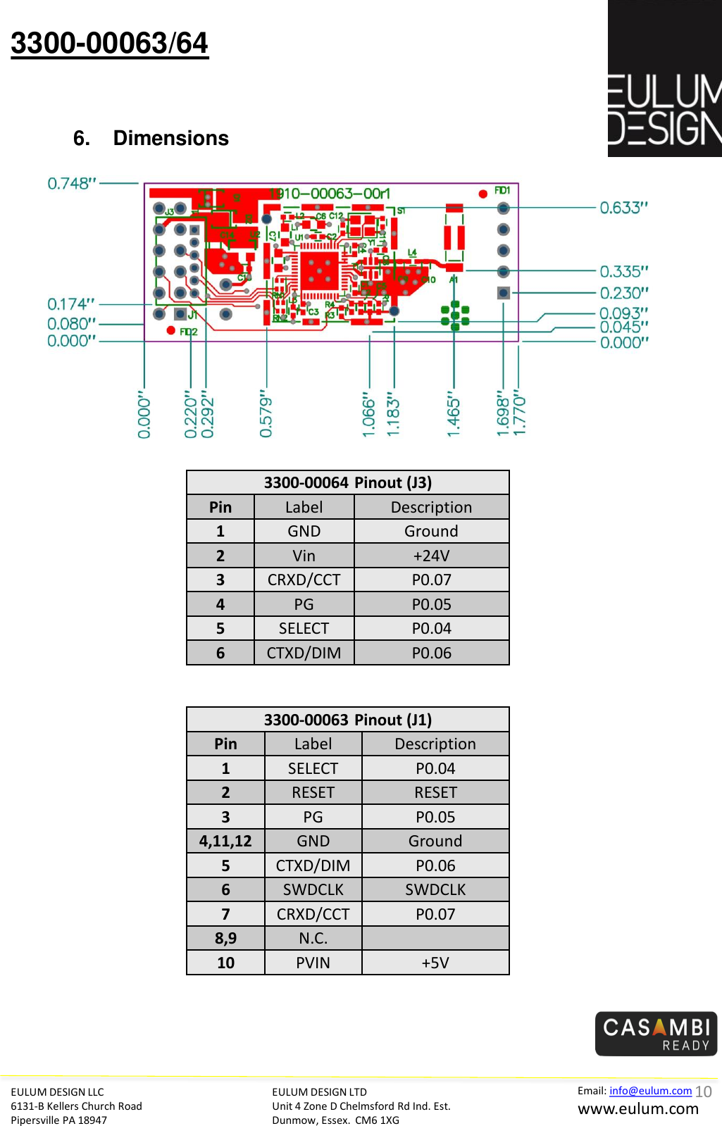 3300-00063/64 EULUM DESIGN LLC 6131-B Kellers Church Road Pipersville PA 18947 EULUM DESIGN LTD Unit 4 Zone D Chelmsford Rd Ind. Est. Dunmow, Essex.  CM6 1XG Email: info@eulum.com www.eulum.com 3300-00064 Pinout (J3) Pin  Label  Description 1  GND  Ground 2  Vin  +24V 3  CRXD/CCT P0.07 4  PG  P0.05 5  SELECT  P0.04 6  CTXD/DIM P0.06 6. Dimensions 10 3300-00063 Pinout (J1) Pin  Label  Description 1  SELECT  P0.04 2  RESET  RESET 3  PG  P0.05 4,11,12 GND  Ground 5  CTXD/DIM P0.06 6  SWDCLK  SWDCLK 7  CRXD/CCT P0.07 8,9  N.C. 10 PVIN  +5V 