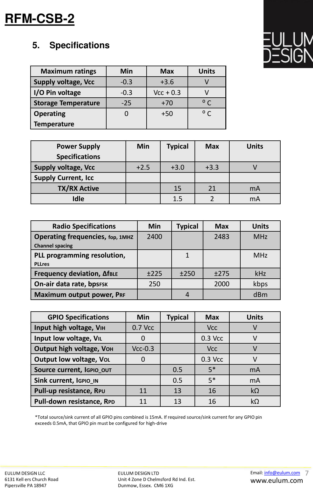 RFM-CSB-2 Radio Specifications  Min  Typical Max  Units Operating frequencies, fop, 1MHZ Channel spacing 2400     2483  MHz PLL programming resolution, PLLres    1     MHz Frequency deviation, ∆fBLE  &plusmn;225  &plusmn;250  &plusmn;275  kHz On-air data rate, bpsFSK  250     2000  kbps Maximum output power, PRF    4     dBm 5. Specifications EULUM DESIGN LLC 6131 Kell ers Church Road Pipersville PA 18947 Email: info@eulum.com www.eulum.com EULUM DESIGN LTD Unit 4 Zone D Chelmsford Rd Ind. Est. Dunmow, Essex.  CM6 1XG         Maximum ratings  Min  Max  Units Supply voltage, Vcc -0.3  +3.6  V I/O Pin voltage -0.3  Vcc + 0.3  V Storage Temperature -25  +70  ⁰ C Operating Temperature 0  +50  ⁰ C Power Supply Specifications Min  Typical Max  Units Supply voltage, Vcc +2.5  +3.0  +3.3  V Supply Current, Icc             TX/RX Active     15 21 mA Idle     1.5  2  mA GPIO Specifications  Min  Typical Max  Units Input high voltage, VIH 0.7 Vcc    Vcc  V Input low voltage, VIL 0     0.3 Vcc V Output high voltage, VOH Vcc-0.3    Vcc  V Output low voltage, VOL 0     0.3 Vcc V Source current, IGPIO_OUT     0.5  5*  mA Sink current, IGPIO_IN     0.5  5* mA Pull-up resistance, RPU 11 13 16 kΩ Pull-down resistance, RPD 11 13 16 kΩ *Total source/sink current of all GPIO pins combined is 15mA. If required source/sink current for any GPIO pin exceeds 0.5mA, that GPIO pin must be configured for high-drive 7 