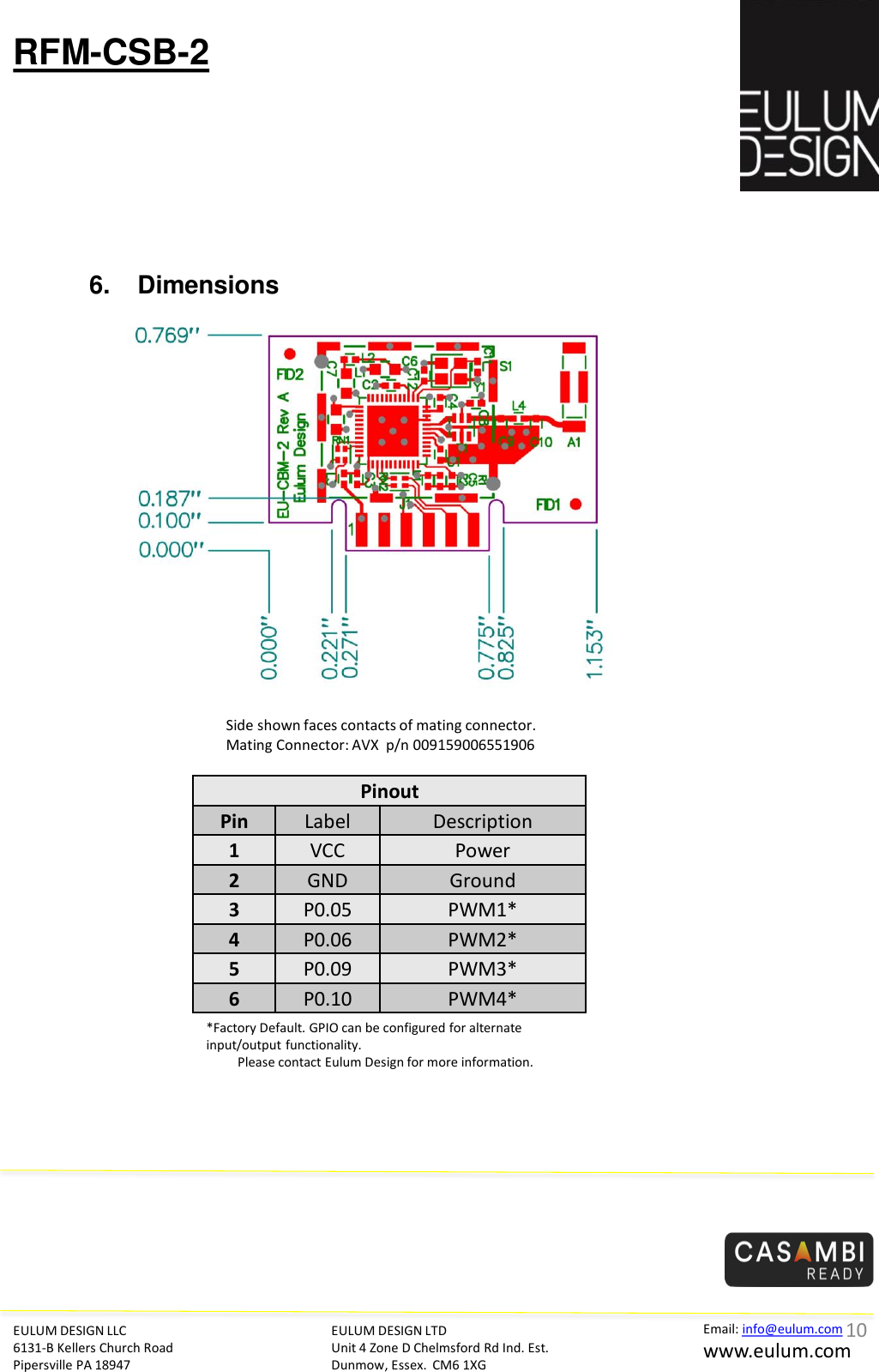 RFM-CSB-2 EULUM DESIGN LLC 6131-B Kellers Church Road Pipersville PA 18947 EULUM DESIGN LTD Unit 4 Zone D Chelmsford Rd Ind. Est. Dunmow, Essex.  CM6 1XG Email: info@eulum.com www.eulum.com   1      2     3      4      5     6 Side shown faces contacts of mating connector. Mating Connector: AVX  p/n 009159006551906 Pinout Pin  Label  Description 1  VCC  Power 2  GND  Ground 3  P0.05  PWM1* 4  P0.06  PWM2* 5  P0.09  PWM3* 6  P0.10  PWM4* *Factory Default. GPIO can be configured for alternate input/output functionality.            Please contact Eulum Design for more information. 6. Dimensions 10 