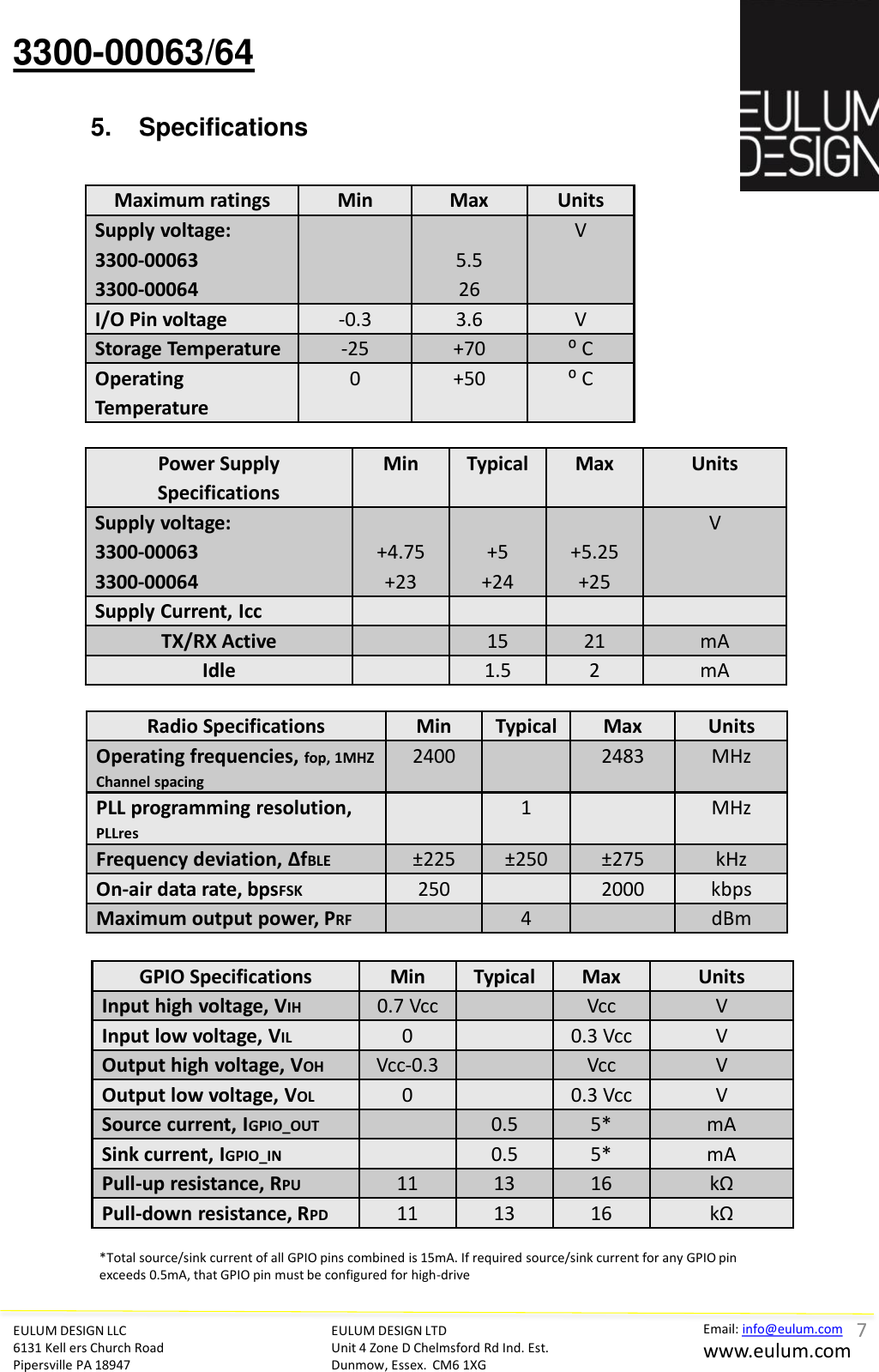 3300-00063/64 Radio Specifications  Min  Typical Max  Units Operating frequencies, fop, 1MHZ Channel spacing 2400     2483  MHz PLL programming resolution, PLLres    1     MHz Frequency deviation, ∆fBLE  &plusmn;225  &plusmn;250  &plusmn;275  kHz On-air data rate, bpsFSK  250     2000  kbps Maximum output power, PRF    4     dBm 5. Specifications EULUM DESIGN LLC 6131 Kell ers Church Road Pipersville PA 18947 Email: info@eulum.com www.eulum.com EULUM DESIGN LTD Unit 4 Zone D Chelmsford Rd Ind. Est. Dunmow, Essex.  CM6 1XG         Maximum ratings  Min  Max  Units Supply voltage: 3300-00063 3300-00064  5.5 26 V I/O Pin voltage -0.3  3.6  V Storage Temperature -25  +70  ⁰ C Operating Temperature 0  +50  ⁰ C Power Supply Specifications Min  Typical Max  Units Supply voltage: 3300-00063 3300-00064  +4.75 +23  +5 +24  +5.25 +25 V Supply Current, Icc             TX/RX Active     15 21 mA Idle     1.5  2  mA GPIO Specifications  Min  Typical Max  Units Input high voltage, VIH 0.7 Vcc    Vcc  V Input low voltage, VIL 0     0.3 Vcc V Output high voltage, VOH Vcc-0.3    Vcc  V Output low voltage, VOL 0     0.3 Vcc V Source current, IGPIO_OUT     0.5  5*  mA Sink current, IGPIO_IN     0.5  5* mA Pull-up resistance, RPU 11 13 16 kΩ Pull-down resistance, RPD 11 13 16 kΩ *Total source/sink current of all GPIO pins combined is 15mA. If required source/sink current for any GPIO pin exceeds 0.5mA, that GPIO pin must be configured for high-drive 7 