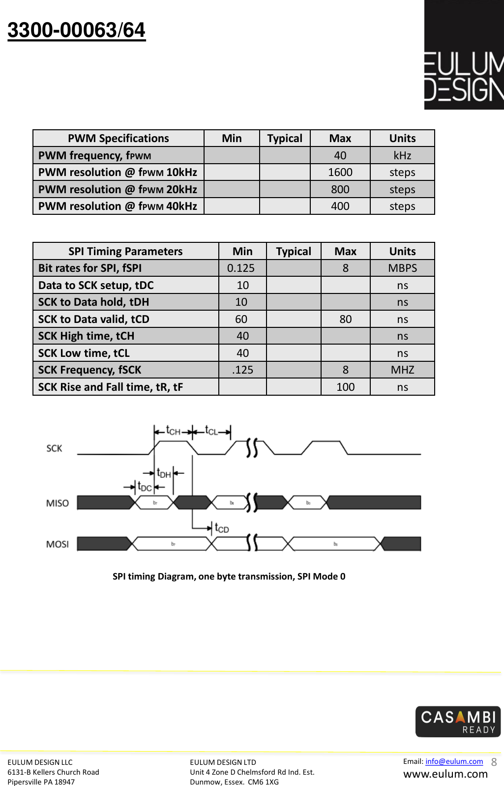 3300-00063/64 EULUM DESIGN LLC 6131-B Kellers Church Road Pipersville PA 18947 EULUM DESIGN LTD Unit 4 Zone D Chelmsford Rd Ind. Est. Dunmow, Essex.  CM6 1XG Email: info@eulum.com www.eulum.com PWM Specifications  Min  Typical Max  Units PWM frequency, fPWM        40  kHz PWM resolution @ fPWM 10kHz       1600  steps PWM resolution @ fPWM 20kHz       800  steps PWM resolution @ fPWM 40kHz       400  steps SPI Timing Parameters  Min  Typical Max  Units Bit rates for SPI, fSPI  0.125     8  MBPS Data to SCK setup, tDC 10 ns SCK to Data hold, tDH 10      ns SCK to Data valid, tCD  60      80 ns SCK High time, tCH  40 ns SCK Low time, tCL  40 ns SCK Frequency, fSCK  .125  8  MHZ SCK Rise and Fall time, tR, tF 100 ns SPI timing Diagram, one byte transmission, SPI Mode 0 8 